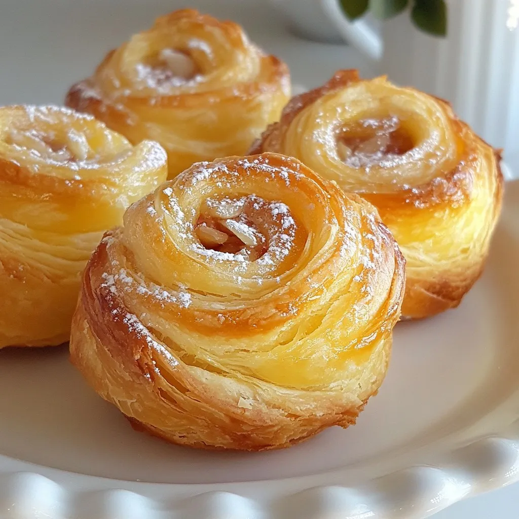 - 2 cups all-purpose flour - 1/2 cup granulated sugar - 1/2 teaspoon salt - 1 packet (2 1/4 teaspoons) active dry yeast - 1/2 cup warm milk (110°F/45°C) To make cruffins, you need simple yet key ingredients. All-purpose flour gives the dough its structure. Granulated sugar adds sweetness. Salt enhances flavor and balances the taste. Active dry yeast helps the dough rise and become fluffy. Warm milk activates the yeast and adds moisture. - 1/4 cup almond paste or Nutella - 1/4 cup raspberry jam For filling, you have great options. Almond paste or Nutella gives a rich, nutty taste. Raspberry jam adds a fruity zing. You can mix and match these fillings according to your mood. - Mixing bowls - Rolling pin - Muffin tin You will need some basic tools. Mixing bowls help combine ingredients. A rolling pin spreads the dough evenly. A muffin tin shapes and holds the cruffins as they bake. With these tools, you can create perfect cruffins at home. {{ingredient_image_1}} - Activating the yeast: Start by mixing the warm milk and yeast in a small bowl. Let it sit for 5 to 10 minutes. You want it frothy. This means the yeast is alive and ready. - Mixing dry and wet ingredients: In a large bowl, whisk together the flour, sugar, and salt. Make a well in the center. Pour in the yeast mixture, melted butter, egg, and vanilla extract. Mix until a rough dough forms. - Kneading the dough: Transfer the dough to a floured surface. Knead it for about 5 to 7 minutes. You want it smooth and elastic. This step builds strength in your dough. - Rolling and folding the dough: Once the dough rises and doubles, punch it down. Roll it out into a large rectangle, about 1/4 inch thick. Spread softened butter evenly over the dough. - Repeating the process for perfect layers: Fold the dough like a book by bringing one side over the other. Roll it out again into a rectangle. Repeat this rolling and folding process two more times. This gives you those flaky, delicious layers. - Cutting and filling the dough strips: Cut the dough into long strips, each about 2 inches wide. On half of the strips, spread almond paste or Nutella. On the other half, spread raspberry jam. - Rolling and placing in the muffin tin: Take a jam-covered strip and place it over a nut butter-covered strip. Roll them together to create a cruffin shape. Stand each rolled cruffin up in a greased muffin tin. Cover them and let them rise for another 30 minutes. To make great cruffins, kneading the dough is key. Knead for about 5-7 minutes. This builds gluten, which gives the cruffins their structure. Next, rising time matters. Place your dough in a warm spot, around 75°F (24°C) is best. This ensures a good rise. The dough should double in size in about 1 hour. You can add fun flavors to your cruffins. Try filling them with almond paste or Nutella for a sweet treat. Raspberry jam adds a nice fruity kick. For a twist, spread flavored butter on the dough before rolling. You can use cinnamon, honey, or vanilla butter to make each bite special. Sometimes, dough may not rise well. Ensure your yeast is fresh and your milk is warm, not hot. If cruffins bake unevenly, check your oven temperature. Use an oven thermometer to be sure. For underbaked cruffins, add a few more minutes. If they are overbaked, lower the time next time. This way, you’ll get that perfect golden brown crust. Pro Tips Use Fresh Yeast: Make sure your yeast is fresh for optimal rising. Check the expiration date and store it in a cool, dry place. Layering Butter: When applying butter between folds, ensure it’s softened but not melted. This helps create distinct layers in your cruffins. Resting Time: Allowing the cruffins to rise before baking is crucial. This ensures they are light and fluffy, so don’t rush this step! Variations: Feel free to experiment with different fillings like chocolate chips, fruit preserves, or cream cheese for unique flavors. {{image_2}} For sweet cruffins, you can try chocolate hazelnut filling. Spread Nutella on the dough strips before rolling. The warm chocolate and hazelnut blend gives a rich taste. You can also use fruit preserves. Raspberry jam adds a fruity burst. Try strawberry or apricot jam for other flavors. Each filling brings its own fun twist. If you prefer savory cruffins, go for a cheese and herb filling. Mix cream cheese with fresh herbs like chives or dill. This mix adds a creamy and savory flavor. Another great option is spinach and feta cruffins. Use cooked spinach and crumbled feta for a tasty filling. Both choices make a great snack or breakfast. For toppings, you can glaze your cruffins with a simple sugar glaze. Mix powdered sugar with a bit of water or milk. Drizzle it over the warm cruffins for a sweet touch. You can also dust them with powdered sugar for a classic look. Try using cocoa powder or cinnamon for extra flavor. Each topping makes your cruffins stand out. Store your cruffins in an airtight container. This keeps them fresh. Use a container that fits your cruffins snugly. You can stack them, but don’t crush them. Keep them at room temperature for up to two days. If you have more, consider freezing them. To reheat cruffins, the oven is best. Preheat it to 350°F (175°C). Place the cruffins on a baking sheet. Heat for about 5-10 minutes. This brings back their flakiness. If you use a microwave, heat for 10-15 seconds. But this may make them soft. To freeze cruffins, first let them cool. Wrap each cruffin tightly in plastic wrap. Then place them in a freezer bag. They can stay frozen for up to three months. When ready to eat, thaw them in the fridge overnight. You can also reheat them from frozen in the oven. A cruffin is a sweet pastry that combines a croissant and a muffin. It has flaky layers and a soft center. You fill it with tasty treats like almond paste or jam. When you take a bite, you enjoy the crunch and softness at once. It’s a fun treat that looks as good as it tastes. Yes, you can make cruffins ahead of time! Here are some tips: - Prepare the dough: Make the dough and let it rise. - Shape the cruffins: After shaping, place them in the muffin tin. - Cover and chill: Cover with plastic wrap and store in the fridge overnight. - Bake before serving: Just bake them fresh in the morning. They will taste great! You can find cruffins at many local bakeries and cafes. Look for places that focus on pastries. Some may have unique flavors. You can also check online for shops that offer cruffins for delivery. They are becoming popular, so more places may start making them! To make cruffins, you need simple ingredients such as flour, sugar, and yeast. You can fill them with tasty options like Nutella or raspberry jam. Follow the steps for perfect layers and shaping. Remember to knead well and choose the right baking temperature for the best texture. Don’t hesitate to try sweet and savory variations too. Store them right and enjoy fresh cruffins anytime. Now, get ready to impress friends and family with your delicious cruffins!