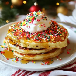 - 1 cup all-purpose flour - 2 tablespoons sugar - 1 teaspoon baking powder - 1/2 teaspoon baking soda - 1/4 teaspoon salt - 1 cup buttermilk (or regular milk with 1 tablespoon of vinegar added) - 1 large egg - 2 tablespoons melted butter - 1 teaspoon vanilla extract - 1/2 cup colorful sprinkles (Christmas-themed) - Extra butter or oil for cooking These ingredients create a fun and festive pancake batter. Each element plays a key role, ensuring that your pancakes rise well and taste great. The flour provides structure, while the baking powder and baking soda help them puff up. The sugar gives a hint of sweetness, and the buttermilk makes them tender and fluffy. If you don't have buttermilk, use regular milk with vinegar. This mix works well in pancakes. You can also use almond milk or oat milk for a dairy-free version. For a gluten-free option, swap all-purpose flour with a gluten-free blend. Just check that the blend contains xanthan gum for the best texture. Top your Christmas Confetti Pancakes with fun additions! Here are some ideas: - Maple syrup for sweetness - Whipped cream for a creamy touch - More colorful sprinkles for extra fun - Fresh berries for a fruity burst - Chocolate chips for a chocolatey twist These toppings can make your pancakes even more festive. Choose what you love to create your perfect stack! {{ingredient_image_1}} Start by gathering your ingredients. Take a large mixing bowl. Add 1 cup of all-purpose flour. Then, mix in 2 tablespoons of sugar, 1 teaspoon of baking powder, 1/2 teaspoon of baking soda, and 1/4 teaspoon of salt. Use a whisk to combine everything until it looks uniform. This step is key for fluffy pancakes. Now, grab another bowl. Pour in 1 cup of buttermilk. If you don&rsquo;t have buttermilk, you can use regular milk with 1 tablespoon of vinegar added. Crack in 1 large egg, and add 2 tablespoons of melted butter and 1 teaspoon of vanilla extract. Whisk these together until the mix is smooth and creamy. Heat a non-stick skillet or griddle over medium heat. Add a bit of butter or oil to coat the surface. This helps prevent sticking. Pour about 1/4 cup of pancake batter onto the skillet for each pancake. Cook until you see bubbles forming on the surface, which takes about 2-3 minutes. Flip the pancakes and cook for another 2-3 minutes until golden brown. Repeat this with the remaining batter. Serve warm with maple syrup, whipped cream, and extra sprinkles to make it festive! To make your pancakes fluffy, use fresh baking powder and baking soda. These help the pancakes rise. Don't overmix the batter; a few lumps are fine. This keeps air in the batter. Let the batter rest for a few minutes before cooking. This gives the flour time to hydrate and helps with fluffiness. Use colorful sprinkles made for baking. They hold their color better when cooked. Add the sprinkles gently into the batter. This way, they don't bleed into the mix. When cooking, use medium heat. This helps the pancakes cook evenly and turn golden brown without burning. Serve these festive pancakes warm. Top them with maple syrup or whipped cream. For extra fun, add more sprinkles on top. You can even serve them with fresh fruit like strawberries or bananas. This adds flavor and a nice touch of color. Enjoy your Christmas Confetti Pancakes with family and friends! Pro Tips Use Fresh Ingredients: Always check the expiration date on your baking powder and baking soda for the best rise. Customize Your Sprinkles: Feel free to mix in different types of sprinkles for a unique look and flavor twist. Temperature Matters: Make sure your skillet is hot enough before adding the batter to ensure a golden brown finish. Don&rsquo;t Overmix: Gently fold the batter to keep the pancakes fluffy; a few lumps are perfectly fine. {{image_2}} You can mix in fun flavors to your Christmas confetti pancakes. Here are some ideas: - Cocoa powder: Add 2 tablespoons for chocolate pancakes. - Pumpkin spice: Use 1 teaspoon for a warm, fall flavor. - Zest: Add lemon or orange zest for a fresh twist. - Nutmeg or cinnamon: Include 1/2 teaspoon for a cozy taste. These flavors will make your pancakes even more festive and exciting! You can easily adjust the recipe for different diets. Here are some swaps: - Gluten-free: Use a 1-to-1 gluten-free flour mix instead of all-purpose flour. - Dairy-free: Replace buttermilk with almond or oat milk. - Egg-free: Substitute the egg with 1/4 cup unsweetened applesauce. - Low sugar: Cut the sugar in half or use a sugar alternative. These changes keep the fun while meeting your dietary needs! Get creative with your sprinkles! Here are some fun ideas to try: - Holiday-themed sprinkles: Use snowflakes or stars for a festive touch. - Chopped nuts: Add walnuts or pecans for crunch. - Chocolate chips: Mix in mini chocolate chips for extra sweetness. - Fruit pieces: Toss in small bits of dried cranberries or cherries. These ideas will make your pancakes even more special and eye-catching! To keep your Christmas Confetti Pancakes fresh, store them in an airtight container. Place parchment paper between the pancakes to prevent sticking. They stay good in the fridge for about three days. When you want to enjoy them again, take them out and let them sit at room temperature for a few minutes. If you want to save some pancakes for later, freezing works great! Stack the pancakes with parchment paper in between each one. Wrap the stack tightly in plastic wrap or foil. Then, place the wrapped stack in a freezer-safe bag. They can last up to two months in the freezer. When you're ready to eat, you can thaw them overnight in the fridge. To reheat your pancakes, you have a few options. You can use a microwave for a quick fix. Place a pancake on a microwave-safe plate and cover it with a damp paper towel. Heat for about 20-30 seconds. If you prefer crispy edges, use a skillet. Heat the skillet over medium heat and add a little butter. Cook each pancake for about 1-2 minutes on each side. Enjoy your festive pancakes warm! Yes, you can make the batter ahead of time. Mix the dry and wet ingredients separately. Then, store them in the fridge. When you are ready to cook, just combine them. This will save you time in the morning. Just remember, do not overmix. A few lumps are okay. To store leftover pancakes, let them cool first. Then, stack them with wax paper in between. Place them in an airtight container. You can keep them in the fridge for up to three days. For longer storage, freeze them. Use a freezer-safe bag or container for up to two months. You can easily make a buttermilk substitute. Use regular milk and add 1 tablespoon of vinegar. Let it sit for five minutes. This will give you a similar taste and texture. You can also use yogurt or sour cream, mixed with a little water. This blog post covered key parts of making great pancakes. We explored essential ingredients, tips for fluffiness, and cooking steps. You learned how to add flavors and toppings while storing leftovers correctly. My final thought is that mastering pancakes takes practice, but it&rsquo;s fun! With these steps and ideas, you can make delicious pancakes that suit your taste and needs. Enjoy your cooking!