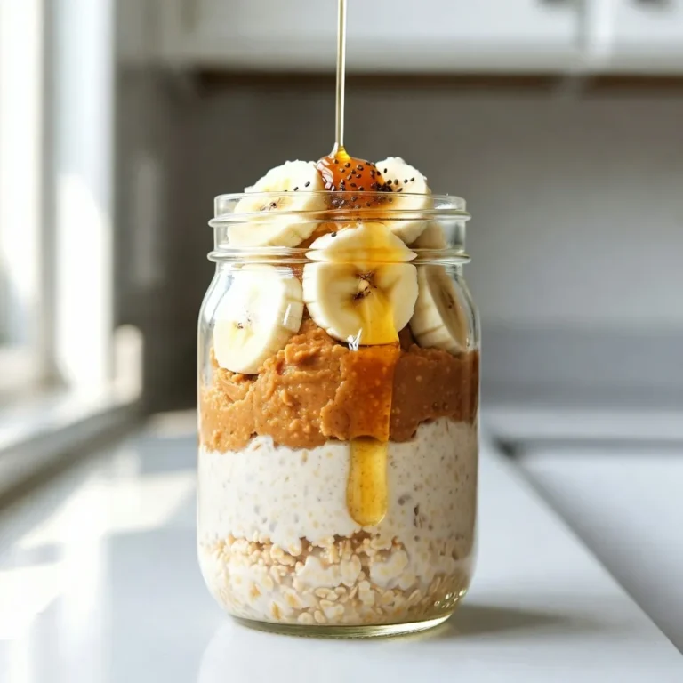 To make Peanut Butter Banana Overnight Oats, gather these simple ingredients: - 1 cup rolled oats - 2 tablespoons peanut butter (smooth or crunchy, as preferred) - 1 medium banana, sliced - 2 cups milk (or almond milk for a dairy-free option) - 1 tablespoon chia seeds - 1 tablespoon honey or maple syrup (optional, adjust based on sweetness preference) - ½ teaspoon vanilla extract - Pinch of salt These ingredients blend well to create a tasty breakfast. You can easily swap some ingredients based on what you have: - Use almond or soy milk instead of regular milk. - Swap peanut butter for almond or cashew butter for a new flavor. - Try maple syrup in place of honey for a vegan option. - Replace chia seeds with ground flaxseed if desired. These substitutions keep the dish fun and fresh. Peanut Butter Banana Overnight Oats pack a punch of nutrition: - Rolled oats provide fiber, helping to keep you full. - Peanut butter adds protein and healthy fats, great for energy. - Bananas offer potassium and natural sweetness. - Chia seeds boost omega-3 fatty acids and antioxidants. This meal is not only delicious but also nutritious, making it a smart choice for breakfast. {{ingredient_image_1}} To start, gather all your ingredients. You need rolled oats, chia seeds, milk, peanut butter, banana, honey or maple syrup, vanilla extract, and salt. In a bowl, mix the rolled oats, chia seeds, and a pinch of salt. Stir until they blend well. This step makes the dry mix ready for the wet ingredients. In another bowl, add the milk, peanut butter, honey or maple syrup, and vanilla extract. Whisk these ingredients together until they are smooth. This mix will add creaminess to your oats. Next, pour this wet mix over the dry ingredients. Stir gently until the oats are fully coated. Now, fold in the sliced banana. Be careful not to mash them. After that, divide the mixture into jars or containers with lids. Seal them tightly to keep the oats fresh. Place the jars in the fridge overnight, or for at least four hours. This time allows the oats to soak up the liquid and become soft. In the morning, stir the oats again. You can eat them cold or warm them in the microwave for 30 to 60 seconds. Enjoy your tasty Peanut Butter Banana Overnight Oats! To make your oats extra creamy, use rolled oats. They soak better than instant oats. Combine them with chia seeds; they help thicken the mix. Always use enough liquid, like milk or almond milk, to cover the oats. Stir well to coat every oat. Let the mixture rest overnight. This helps the oats soften and absorb the flavors. You can adjust the sweetness based on your taste. Start with one tablespoon of honey or maple syrup. Taste the mixture; if you want it sweeter, add more. Remember, bananas add natural sweetness too. If you like it less sweet, skip the extra sweetener. You can always add more later if needed. Serving your oats in a clear jar looks great. You can see the layers of oats and bananas. Top them with extra banana slices for color. A drizzle of peanut butter adds richness. A sprinkle of cinnamon gives a nice touch. These small details make your dish more fun and inviting. Pro Tips Use Ripe Bananas: Choosing ripe bananas will add natural sweetness and enhance the flavor of your oats. Experiment with Nut Butters: Feel free to swap peanut butter for almond or cashew butter for a different flavor profile. Make it a Meal Prep: This recipe can be doubled or tripled and stored in the fridge for a quick breakfast throughout the week. Add Extra Toppings: Customize your oats with toppings like nuts, seeds, or dried fruit for added texture and nutrition. {{image_2}} You can switch peanut butter for other nut butters. Almond butter or cashew butter work well. Each nut butter adds a new flavor. You can also try sunflower seed butter for a nut-free option. For sweeteners, honey is great, but you can use agave or coconut sugar. Each sweetener changes the taste a bit. Adding fruits makes these oats more fun! You can slice strawberries, blueberries, or apples. Mix these fruits in or layer them on top. You might also sprinkle nuts or seeds for crunch. Try adding coconut flakes for a tropical twist. A dash of cinnamon or cocoa powder can add warmth. If you want a dairy-free meal, use almond milk, oat milk, or soy milk. All these options taste great with oats. For a vegan recipe, skip honey and use maple syrup instead. This keeps it plant-based and still sweet. You can enjoy these oats no matter your diet! To store your Peanut Butter Banana Overnight Oats, use glass jars or airtight containers. Glass jars work well because they let you see the layers. Choose containers with tight lids to keep the oats fresh. If you plan to take them on the go, use portable containers with secure seals. You can keep these oats in the fridge for up to five days. The flavors deepen over time, making each bite even better. Just make sure to stir before you eat. If you notice any change in smell or texture, toss them out. You can freeze the oats if you want to make them last longer. Divide the mixture into freezer-safe containers. Leave some space at the top, as the oats will expand. When you’re ready to eat, thaw overnight in the fridge. You can also warm them in the microwave for a quick breakfast. Yes, you can use instant oats. Instant oats cook faster and absorb liquid quickly. However, they can become mushy if left too long. If you prefer a thicker texture, stick to rolled oats. Rolled oats hold their shape better. They give a nice chew to your overnight oats. To make this recipe gluten-free, choose gluten-free oats. Many brands offer certified gluten-free rolled oats. Check the label to ensure they meet gluten-free standards. All other ingredients are naturally gluten-free. You can enjoy this dish without worry. Absolutely! Peanut Butter Banana Overnight Oats are perfect for meal prep. You can make several jars at once. Store them in airtight containers in the fridge. They stay fresh for up to five days. This makes breakfast easy on busy mornings. Just grab a jar and go! Peanut Butter Banana Overnight Oats are easy to make and delicious. We covered the key ingredients, how to prepare them, and great tips for texture and flavor. Remember, you can customize your oats with different nut butters and fruits. Proper storage helps keep them fresh and tasty. Try out these ideas and make them your own. Enjoy healthy mornings with these simple and yummy oats!