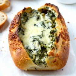 - 1 large loaf of crusty bread (like sourdough or ciabatta) - 1 cup fresh spinach, chopped - 1 cup canned artichoke hearts, drained and chopped - 1 cup cream cheese, softened - &frac12; cup sour cream - &frac12; cup mayonnaise - 1 cup shredded mozzarella cheese - 1 teaspoon garlic powder - &frac12; teaspoon onion powder - Salt and pepper to taste - 2 tablespoons olive oil - &frac14; cup grated Parmesan cheese The choice of bread is key. A crusty loaf holds the dip well. I prefer sourdough for its flavor and texture. Fresh spinach adds a vibrant color and taste. Always rinse and chop it finely. Canned artichokes are great for this recipe. They add a nice tang. Use full-fat cream cheese for a rich and creamy base. Sour cream and mayonnaise create a smooth blend. They balance the flavors. Mozzarella brings that gooey stretch we love in dips. Garlic and onion powders boost the taste without adding bulk. Adjust salt and pepper based on your preference. Olive oil adds a golden finish to the crust. Lastly, the Parmesan on top gives a cheesy, crispy layer. You can swap fresh spinach for frozen. Just make sure to thaw and drain it well. Greek yogurt can replace sour cream for a tangy twist. If you want a lighter dip, use low-fat cream cheese. You can also try different cheeses. Cheddar or gouda will work nicely. For a gluten-free option, use gluten-free bread. {{ingredient_image_1}} 1. Preheat the oven. Set your oven to 375&deg;F (190&deg;C). This is key for a nice bake. 2. Prepare the bread. Cut the top off your loaf. You want a lid. Then, hollow out the inside. Leave about one inch of bread on the sides and bottom. You will save the removed bread for dipping. 3. Mix the filling. In a large bowl, combine cream cheese, sour cream, and mayonnaise. Stir until it&rsquo;s nice and smooth. 4. Add the good stuff. Toss in chopped spinach, artichoke hearts, mozzarella cheese, garlic powder, onion powder, salt, and pepper. Mix until all the flavors blend together well. 5. Stuff the bread. Spoon the spinach and artichoke mixture into the hollow bread. Pack it in gently so it doesn&rsquo;t overflow. 1. Lid it up. Place the top of the bread back on. Brush the outside with olive oil. 2. Cheesy topping. Sprinkle grated Parmesan on top. This gives a great crust! 3. Wrap and bake. Wrap the stuffed bread in aluminum foil. Place it on a baking sheet for easy handling. Bake for 25-30 minutes. 4. Brown the top. Unwrap the foil for the last 5 minutes to let the top brown nicely. - Don&rsquo;t rush the hollowing. Make sure you leave enough bread to hold the filling. - Mix well. Ensure all ingredients are well combined for even flavor. - Serve warm. This dip bread tastes best right after baking. The cheese is melty and delicious! - Use reserved bread. The bread pieces you saved can be great for dipping. Enjoy every bite! When making spinach artichoke dip stuffed bread, avoid over-mixing the filling. This can make it too dense. Also, don&rsquo;t skip the step of hollowing out the bread. Leaving too much bread inside can lead to sogginess. Lastly, ensure you season the mixture well. A pinch of salt and pepper enhances all the flavors. To boost the taste, try adding a squeeze of lemon juice to the filling. This brightens the dish. You can also mix in some cooked garlic or saut&eacute;ed onions for depth. For a spicy kick, add a pinch of red pepper flakes. Lastly, consider using different cheeses. Cheddar or pepper jack can give a nice twist. Serve your stuffed bread warm, straight from the oven. Cut it into slices for easy dipping. Pair it with fresh veggies like carrots and bell peppers. A side of marinara sauce also works well. For a fun twist, serve with a light salad on the side. This adds freshness to your meal. Pro Tips Use Fresh Ingredients: Opt for fresh spinach and high-quality artichoke hearts to enhance the flavor of your dip. Sourcing the Bread: A crusty bread like sourdough or ciabatta not only holds the filling well but also adds a delicious texture. Customize Your Cheeses: Feel free to mix in different cheeses, like cream cheese or cheddar, for a unique flavor profile. Serving Temperature: Serve the dip warm for the best taste experience; it&rsquo;s creamier and more flavorful when heated. {{image_2}} You can easily adjust this recipe to fit different diets. For a gluten-free option, use gluten-free bread. This works well with gluten-free sourdough or ciabatta. If you're vegan, swap cream cheese with a plant-based version. Use vegan mayonnaise and sour cream too. You can still enjoy that creamy texture. For a lighter dish, replace the cream cheese with Greek yogurt. This adds protein and cuts fat. Cheese plays a big role in the flavor of this dish. While mozzarella is great, you can mix it up. Try using sharp cheddar for a tangy twist. Gouda adds a smoky flavor. If you love blue cheese, add a little for a bold taste. Feta cheese can also work well, giving a nice saltiness. Just remember to balance strong flavors with milder ingredients. Want to make the dip even heartier? Add cooked chicken or bacon for protein. You can also mix in sun-dried tomatoes or roasted red peppers for a pop of color. Fresh herbs like basil or parsley add great flavor. If you enjoy a kick, toss in some diced jalape&ntilde;os. These extra ingredients can make your stuffed bread stand out. Be creative and have fun with your choices! To keep your spinach artichoke dip stuffed bread fresh, wrap it tightly in plastic wrap. Store it in the fridge for up to 3 days. If you have leftover filling, store it in an airtight container. Enjoy it within 2 days for the best taste. To reheat, preheat your oven to 350&deg;F (175&deg;C). Place the stuffed bread on a baking sheet. Bake it for about 15 minutes. This warms the bread and filling without drying it out. For the best results, cover it with foil to keep it moist. If you want to freeze it, first let the bread cool completely. Wrap it tightly in foil, and then in plastic wrap. It can stay in the freezer for up to 2 months. When ready to eat, thaw it in the fridge overnight. Reheat it as mentioned above for a tasty treat. Yes, you can use frozen spinach. Just thaw and drain it well. Squeeze out extra water. This keeps the dip from getting too soggy. Fresh spinach has a nice texture, but frozen works too. You can swap some ingredients for lighter options. Use low-fat cream cheese and Greek yogurt instead of sour cream. You can also add more veggies, like bell peppers or mushrooms. This boosts nutrition without losing flavor. Serve it with fresh veggies like carrots and celery. You can also use the reserved bread pieces for dipping. Chips and crackers are great too. Pairing with a simple salad adds a nice touch. Yes, you can prepare the filling ahead. Store it in the fridge for up to two days. Hollow out the bread just before baking. This keeps the bread fresh and prevents it from getting soggy. This blog post covered all key points for making the perfect Spinach Artichoke Dip Stuffed Bread. We discussed the ingredients you'll need and offered tips for substitutions. I shared step-by-step instructions and provided advice for common mistakes. Remember, different cheese options and extra ingredients can add fun twists. In the end, storing leftovers properly helps keep them fresh. Use the reheating and freezing tips to enjoy your dish later. With these insights, you&rsquo;ll create a delicious treat that everyone will love. Happy cooking!
