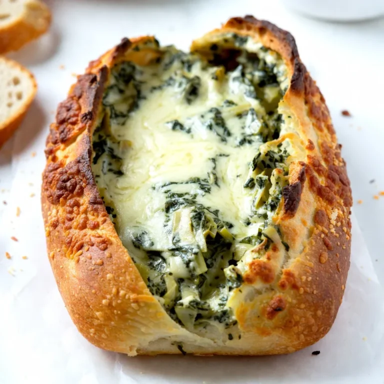 - 1 large loaf of crusty bread (like sourdough or ciabatta) - 1 cup fresh spinach, chopped - 1 cup canned artichoke hearts, drained and chopped - 1 cup cream cheese, softened - ½ cup sour cream - ½ cup mayonnaise - 1 cup shredded mozzarella cheese - 1 teaspoon garlic powder - ½ teaspoon onion powder - Salt and pepper to taste - 2 tablespoons olive oil - ¼ cup grated Parmesan cheese The choice of bread is key. A crusty loaf holds the dip well. I prefer sourdough for its flavor and texture. Fresh spinach adds a vibrant color and taste. Always rinse and chop it finely. Canned artichokes are great for this recipe. They add a nice tang. Use full-fat cream cheese for a rich and creamy base. Sour cream and mayonnaise create a smooth blend. They balance the flavors. Mozzarella brings that gooey stretch we love in dips. Garlic and onion powders boost the taste without adding bulk. Adjust salt and pepper based on your preference. Olive oil adds a golden finish to the crust. Lastly, the Parmesan on top gives a cheesy, crispy layer. You can swap fresh spinach for frozen. Just make sure to thaw and drain it well. Greek yogurt can replace sour cream for a tangy twist. If you want a lighter dip, use low-fat cream cheese. You can also try different cheeses. Cheddar or gouda will work nicely. For a gluten-free option, use gluten-free bread. {{ingredient_image_1}} 1. Preheat the oven. Set your oven to 375°F (190°C). This is key for a nice bake. 2. Prepare the bread. Cut the top off your loaf. You want a lid. Then, hollow out the inside. Leave about one inch of bread on the sides and bottom. You will save the removed bread for dipping. 3. Mix the filling. In a large bowl, combine cream cheese, sour cream, and mayonnaise. Stir until it’s nice and smooth. 4. Add the good stuff. Toss in chopped spinach, artichoke hearts, mozzarella cheese, garlic powder, onion powder, salt, and pepper. Mix until all the flavors blend together well. 5. Stuff the bread. Spoon the spinach and artichoke mixture into the hollow bread. Pack it in gently so it doesn’t overflow. 1. Lid it up. Place the top of the bread back on. Brush the outside with olive oil. 2. Cheesy topping. Sprinkle grated Parmesan on top. This gives a great crust! 3. Wrap and bake. Wrap the stuffed bread in aluminum foil. Place it on a baking sheet for easy handling. Bake for 25-30 minutes. 4. Brown the top. Unwrap the foil for the last 5 minutes to let the top brown nicely. - Don’t rush the hollowing. Make sure you leave enough bread to hold the filling. - Mix well. Ensure all ingredients are well combined for even flavor. - Serve warm. This dip bread tastes best right after baking. The cheese is melty and delicious! - Use reserved bread. The bread pieces you saved can be great for dipping. Enjoy every bite! When making spinach artichoke dip stuffed bread, avoid over-mixing the filling. This can make it too dense. Also, don’t skip the step of hollowing out the bread. Leaving too much bread inside can lead to sogginess. Lastly, ensure you season the mixture well. A pinch of salt and pepper enhances all the flavors. To boost the taste, try adding a squeeze of lemon juice to the filling. This brightens the dish. You can also mix in some cooked garlic or sautéed onions for depth. For a spicy kick, add a pinch of red pepper flakes. Lastly, consider using different cheeses. Cheddar or pepper jack can give a nice twist. Serve your stuffed bread warm, straight from the oven. Cut it into slices for easy dipping. Pair it with fresh veggies like carrots and bell peppers. A side of marinara sauce also works well. For a fun twist, serve with a light salad on the side. This adds freshness to your meal. Pro Tips Use Fresh Ingredients: Opt for fresh spinach and high-quality artichoke hearts to enhance the flavor of your dip. Sourcing the Bread: A crusty bread like sourdough or ciabatta not only holds the filling well but also adds a delicious texture. Customize Your Cheeses: Feel free to mix in different cheeses, like cream cheese or cheddar, for a unique flavor profile. Serving Temperature: Serve the dip warm for the best taste experience; it’s creamier and more flavorful when heated. {{image_2}} You can easily adjust this recipe to fit different diets. For a gluten-free option, use gluten-free bread. This works well with gluten-free sourdough or ciabatta. If you're vegan, swap cream cheese with a plant-based version. Use vegan mayonnaise and sour cream too. You can still enjoy that creamy texture. For a lighter dish, replace the cream cheese with Greek yogurt. This adds protein and cuts fat. Cheese plays a big role in the flavor of this dish. While mozzarella is great, you can mix it up. Try using sharp cheddar for a tangy twist. Gouda adds a smoky flavor. If you love blue cheese, add a little for a bold taste. Feta cheese can also work well, giving a nice saltiness. Just remember to balance strong flavors with milder ingredients. Want to make the dip even heartier? Add cooked chicken or bacon for protein. You can also mix in sun-dried tomatoes or roasted red peppers for a pop of color. Fresh herbs like basil or parsley add great flavor. If you enjoy a kick, toss in some diced jalapeños. These extra ingredients can make your stuffed bread stand out. Be creative and have fun with your choices! To keep your spinach artichoke dip stuffed bread fresh, wrap it tightly in plastic wrap. Store it in the fridge for up to 3 days. If you have leftover filling, store it in an airtight container. Enjoy it within 2 days for the best taste. To reheat, preheat your oven to 350°F (175°C). Place the stuffed bread on a baking sheet. Bake it for about 15 minutes. This warms the bread and filling without drying it out. For the best results, cover it with foil to keep it moist. If you want to freeze it, first let the bread cool completely. Wrap it tightly in foil, and then in plastic wrap. It can stay in the freezer for up to 2 months. When ready to eat, thaw it in the fridge overnight. Reheat it as mentioned above for a tasty treat. Yes, you can use frozen spinach. Just thaw and drain it well. Squeeze out extra water. This keeps the dip from getting too soggy. Fresh spinach has a nice texture, but frozen works too. You can swap some ingredients for lighter options. Use low-fat cream cheese and Greek yogurt instead of sour cream. You can also add more veggies, like bell peppers or mushrooms. This boosts nutrition without losing flavor. Serve it with fresh veggies like carrots and celery. You can also use the reserved bread pieces for dipping. Chips and crackers are great too. Pairing with a simple salad adds a nice touch. Yes, you can prepare the filling ahead. Store it in the fridge for up to two days. Hollow out the bread just before baking. This keeps the bread fresh and prevents it from getting soggy. This blog post covered all key points for making the perfect Spinach Artichoke Dip Stuffed Bread. We discussed the ingredients you'll need and offered tips for substitutions. I shared step-by-step instructions and provided advice for common mistakes. Remember, different cheese options and extra ingredients can add fun twists. In the end, storing leftovers properly helps keep them fresh. Use the reheating and freezing tips to enjoy your dish later. With these insights, you’ll create a delicious treat that everyone will love. Happy cooking!