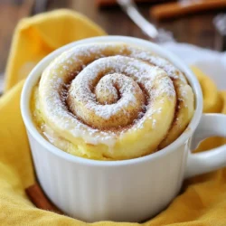 - 4 tablespoons all-purpose flour - 1 tablespoon granulated sugar - 1/8 teaspoon baking powder - 1/8 teaspoon baking soda - 1/4 teaspoon cinnamon - A pinch of salt - 3 tablespoons milk (or dairy-free alternative) - 1 tablespoon vegetable oil (or melted coconut oil) - 1/4 teaspoon vanilla extract - 1 tablespoon brown sugar (for the swirl) - 1 teaspoon ground cinnamon (for the swirl) - Optional: Cream cheese frosting for drizzling Gather these ingredients before you start. Using fresh and quality items makes a big difference. All-purpose flour is key for the cake's texture. Granulated sugar adds sweetness. Baking powder and baking soda help the cake rise. Cinnamon gives that warm, cozy flavor you love. Don't forget a pinch of salt; it brings out the sweetness. Milk and oil keep your cake moist. You can use dairy-free milk or coconut oil if you prefer. Vanilla extract adds a lovely aroma. The brown sugar and ground cinnamon are for the swirl. This step makes your mug cake special and tasty. You can top it with cream cheese frosting for an extra treat, but it's optional. Enjoy your baking! {{ingredient_image_1}} 1. Combining dry ingredients Start by grabbing a microwave-safe mug. Add 4 tablespoons of all-purpose flour, 1 tablespoon of granulated sugar, 1/8 teaspoon of baking powder, 1/8 teaspoon of baking soda, 1/4 teaspoon of cinnamon, and a pinch of salt. Mix these well. This step is key for a fluffy cake. 2. Adding wet ingredients Next, pour in 3 tablespoons of milk, 1 tablespoon of vegetable oil, and 1/4 teaspoon of vanilla extract. Stir until your batter is smooth. Make sure there are no lumps. A well-mixed batter helps the cake rise evenly. 3. Creating the cinnamon swirl In a small bowl, mix 1 tablespoon of brown sugar with 1 teaspoon of ground cinnamon. This will be your sweet swirl. Gently fold this mixture into the batter. Aim for a few swirls, but don't mix it all in. This adds a tasty surprise to every bite. 1. Microwave instructions Now, place your mug in the microwave. Cook it on high for 1 minute. Keep an eye on it as it cooks. If it looks wet in the middle, microwave it in 10-second bursts. Be careful not to overcook it, as this can make the cake dry. 2. Checking for doneness After 1 minute, check if the mug cake has risen and looks set. It should be firm but soft to the touch. If it’s still gooey, give it a few more seconds. 3. Cooling time before serving Once done, let your mug cake cool for about a minute. This short wait helps it set up a bit more. If you like, drizzle some cream cheese frosting on top for extra flavor. Enjoy your warm, gooey treat! To make the best cinnamon roll mug cake, follow these tips: - Avoiding overcooking: The key is to check often. Start with one minute in the microwave. If it looks wet, add 10 seconds at a time. You want it cooked but still soft. Overcooking can make it dry and tough. - Substitutions for ingredients: You can swap the milk for any dairy-free option, like almond or oat milk. If you don’t have vegetable oil, melted coconut oil works great too. You can use a sugar substitute if you want to cut back on sugar. - Personalizing flavors: Add nuts or chocolate chips for extra flavor. You can also mix in some vanilla or almond extract. Get creative with spices; nutmeg or ginger can add a nice twist. For the best experience, try these serving ideas: - Ideal toppings: A drizzle of cream cheese frosting makes it extra special. You can also top it with whipped cream or a scoop of vanilla ice cream. A sprinkle of powdered sugar adds a nice touch too. - Pairing drinks: Enjoy your mug cake with a warm cup of coffee or tea. A glass of milk also pairs well. For a fun twist, try it with a flavored latte or hot chocolate. Pro Tips Use a larger mug: Ensure your mug has enough space for the cake to rise without overflowing. Don't overmix the batter: Gently fold the ingredients to keep the mug cake light and fluffy. Experiment with flavors: Add a pinch of nutmeg or vanilla bean for a unique twist on this classic recipe. Microwave power varies: Adjust cooking time based on your microwave's wattage to avoid overcooking. {{image_2}} You can change the flavors of the cinnamon roll mug cake easily. Try adding chocolate chips for a sweet twist. Nuts, like walnuts or pecans, can give it a nice crunch. If you want a fruity touch, mix in some diced apples or berries. If you need a gluten-free option, just swap all-purpose flour with gluten-free flour. This keeps the texture light and soft. For a vegan version, use almond milk instead of regular milk. You can also replace the vegetable oil with applesauce. This keeps it moist without dairy. Want to share this treat? You can make more servings by simply multiplying the ingredients. If you have larger mugs, double the recipe to fill them up. For smaller mugs, cut the recipe in half. Just remember to check the cooking time. Smaller cakes may need less time, while larger ones may need a bit more. Enjoy your mug cake your way! To store leftovers, let your mug cake cool completely. Transfer it to an airtight container. This helps keep it fresh. You can keep it in the fridge for up to three days. If you want to store it longer, you can freeze it. Wrap the cake tightly in plastic wrap, then place it in a freezer-safe bag. It can last up to a month in the freezer. For reheating, you can use the microwave. If it’s in the fridge, reheat for about 10 to 15 seconds. If it’s frozen, let it thaw in the fridge overnight first. Then, microwave it for about 20 to 30 seconds. Check to make sure it’s warm throughout. Refrigerate your cinnamon roll mug cake right after it cools. This keeps it safe to eat. It’s best to use it within three days. If you freeze it, use it within a month for the best taste. To maintain texture, avoid reheating it too much. Overheating can make it dry and tough. Always check it often while reheating. Enjoy your mug cake warm for the best flavor! To make a cinnamon roll mug cake in the oven, preheat your oven to 350°F (175°C). Use a small oven-safe bowl instead of a mug. Mix the dry ingredients as you would for the microwave version. Add in the wet ingredients and mix well. Pour the batter into the bowl and swirl in the cinnamon-sugar mix. Bake for about 15-20 minutes. Check for doneness by inserting a toothpick; it should come out clean. Yes, you can use different flour types. For a gluten-free option, try almond flour or gluten-free all-purpose flour. The texture may change a bit, so adjust the liquid if needed. Whole wheat flour is another option, but it may make the cake denser. Experimenting can lead to new flavors! To check if your mug cake is cooked, look for a few things. The cake should rise and look set on top. Insert a toothpick in the center; it should come out clean or with a few moist crumbs. If the cake is still wet, microwave it in 10-second bursts until done. Be careful not to overcook, as this can make it dry. This blog post covered the key ingredients and steps for making a delicious cinnamon roll mug cake. It also shared tips for perfecting your cake, many tasty variations, and best storage practices. You can easily customize this recipe to fit your taste and dietary needs. Mug cakes are quick, fun, and make for a great treat anytime. Enjoy experimenting and sharing your creations!