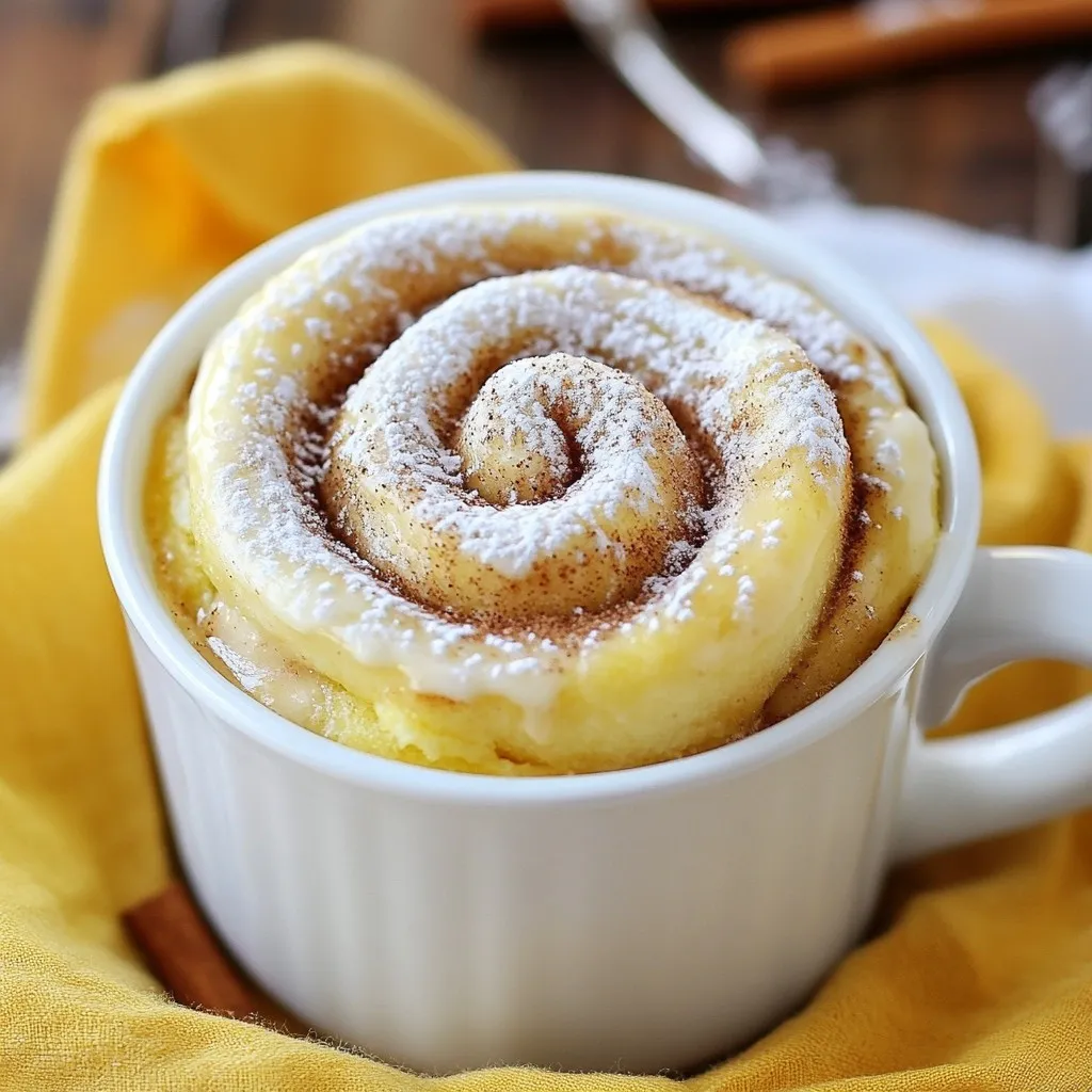 - 4 tablespoons all-purpose flour - 1 tablespoon granulated sugar - 1/8 teaspoon baking powder - 1/8 teaspoon baking soda - 1/4 teaspoon cinnamon - A pinch of salt - 3 tablespoons milk (or dairy-free alternative) - 1 tablespoon vegetable oil (or melted coconut oil) - 1/4 teaspoon vanilla extract - 1 tablespoon brown sugar (for the swirl) - 1 teaspoon ground cinnamon (for the swirl) - Optional: Cream cheese frosting for drizzling Gather these ingredients before you start. Using fresh and quality items makes a big difference. All-purpose flour is key for the cake's texture. Granulated sugar adds sweetness. Baking powder and baking soda help the cake rise. Cinnamon gives that warm, cozy flavor you love. Don't forget a pinch of salt; it brings out the sweetness. Milk and oil keep your cake moist. You can use dairy-free milk or coconut oil if you prefer. Vanilla extract adds a lovely aroma. The brown sugar and ground cinnamon are for the swirl. This step makes your mug cake special and tasty. You can top it with cream cheese frosting for an extra treat, but it's optional. Enjoy your baking! {{ingredient_image_1}} 1. Combining dry ingredients Start by grabbing a microwave-safe mug. Add 4 tablespoons of all-purpose flour, 1 tablespoon of granulated sugar, 1/8 teaspoon of baking powder, 1/8 teaspoon of baking soda, 1/4 teaspoon of cinnamon, and a pinch of salt. Mix these well. This step is key for a fluffy cake. 2. Adding wet ingredients Next, pour in 3 tablespoons of milk, 1 tablespoon of vegetable oil, and 1/4 teaspoon of vanilla extract. Stir until your batter is smooth. Make sure there are no lumps. A well-mixed batter helps the cake rise evenly. 3. Creating the cinnamon swirl In a small bowl, mix 1 tablespoon of brown sugar with 1 teaspoon of ground cinnamon. This will be your sweet swirl. Gently fold this mixture into the batter. Aim for a few swirls, but don't mix it all in. This adds a tasty surprise to every bite. 1. Microwave instructions Now, place your mug in the microwave. Cook it on high for 1 minute. Keep an eye on it as it cooks. If it looks wet in the middle, microwave it in 10-second bursts. Be careful not to overcook it, as this can make the cake dry. 2. Checking for doneness After 1 minute, check if the mug cake has risen and looks set. It should be firm but soft to the touch. If it’s still gooey, give it a few more seconds. 3. Cooling time before serving Once done, let your mug cake cool for about a minute. This short wait helps it set up a bit more. If you like, drizzle some cream cheese frosting on top for extra flavor. Enjoy your warm, gooey treat! To make the best cinnamon roll mug cake, follow these tips: - Avoiding overcooking: The key is to check often. Start with one minute in the microwave. If it looks wet, add 10 seconds at a time. You want it cooked but still soft. Overcooking can make it dry and tough. - Substitutions for ingredients: You can swap the milk for any dairy-free option, like almond or oat milk. If you don’t have vegetable oil, melted coconut oil works great too. You can use a sugar substitute if you want to cut back on sugar. - Personalizing flavors: Add nuts or chocolate chips for extra flavor. You can also mix in some vanilla or almond extract. Get creative with spices; nutmeg or ginger can add a nice twist. For the best experience, try these serving ideas: - Ideal toppings: A drizzle of cream cheese frosting makes it extra special. You can also top it with whipped cream or a scoop of vanilla ice cream. A sprinkle of powdered sugar adds a nice touch too. - Pairing drinks: Enjoy your mug cake with a warm cup of coffee or tea. A glass of milk also pairs well. For a fun twist, try it with a flavored latte or hot chocolate. Pro Tips Use a larger mug: Ensure your mug has enough space for the cake to rise without overflowing. Don't overmix the batter: Gently fold the ingredients to keep the mug cake light and fluffy. Experiment with flavors: Add a pinch of nutmeg or vanilla bean for a unique twist on this classic recipe. Microwave power varies: Adjust cooking time based on your microwave's wattage to avoid overcooking. {{image_2}} You can change the flavors of the cinnamon roll mug cake easily. Try adding chocolate chips for a sweet twist. Nuts, like walnuts or pecans, can give it a nice crunch. If you want a fruity touch, mix in some diced apples or berries. If you need a gluten-free option, just swap all-purpose flour with gluten-free flour. This keeps the texture light and soft. For a vegan version, use almond milk instead of regular milk. You can also replace the vegetable oil with applesauce. This keeps it moist without dairy. Want to share this treat? You can make more servings by simply multiplying the ingredients. If you have larger mugs, double the recipe to fill them up. For smaller mugs, cut the recipe in half. Just remember to check the cooking time. Smaller cakes may need less time, while larger ones may need a bit more. Enjoy your mug cake your way! To store leftovers, let your mug cake cool completely. Transfer it to an airtight container. This helps keep it fresh. You can keep it in the fridge for up to three days. If you want to store it longer, you can freeze it. Wrap the cake tightly in plastic wrap, then place it in a freezer-safe bag. It can last up to a month in the freezer. For reheating, you can use the microwave. If it’s in the fridge, reheat for about 10 to 15 seconds. If it’s frozen, let it thaw in the fridge overnight first. Then, microwave it for about 20 to 30 seconds. Check to make sure it’s warm throughout. Refrigerate your cinnamon roll mug cake right after it cools. This keeps it safe to eat. It’s best to use it within three days. If you freeze it, use it within a month for the best taste. To maintain texture, avoid reheating it too much. Overheating can make it dry and tough. Always check it often while reheating. Enjoy your mug cake warm for the best flavor! To make a cinnamon roll mug cake in the oven, preheat your oven to 350°F (175°C). Use a small oven-safe bowl instead of a mug. Mix the dry ingredients as you would for the microwave version. Add in the wet ingredients and mix well. Pour the batter into the bowl and swirl in the cinnamon-sugar mix. Bake for about 15-20 minutes. Check for doneness by inserting a toothpick; it should come out clean. Yes, you can use different flour types. For a gluten-free option, try almond flour or gluten-free all-purpose flour. The texture may change a bit, so adjust the liquid if needed. Whole wheat flour is another option, but it may make the cake denser. Experimenting can lead to new flavors! To check if your mug cake is cooked, look for a few things. The cake should rise and look set on top. Insert a toothpick in the center; it should come out clean or with a few moist crumbs. If the cake is still wet, microwave it in 10-second bursts until done. Be careful not to overcook, as this can make it dry. This blog post covered the key ingredients and steps for making a delicious cinnamon roll mug cake. It also shared tips for perfecting your cake, many tasty variations, and best storage practices. You can easily customize this recipe to fit your taste and dietary needs. Mug cakes are quick, fun, and make for a great treat anytime. Enjoy experimenting and sharing your creations!