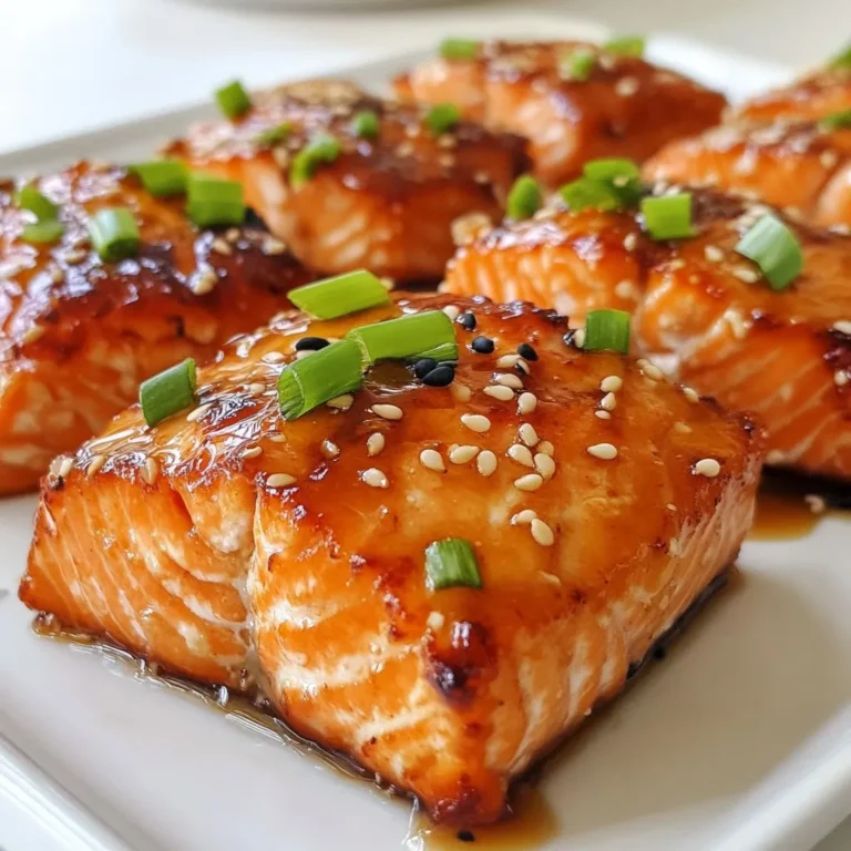To make Air Fryer Honey Garlic Salmon Bites, you need simple and fresh ingredients. Here is the list: - 1 lb salmon fillet, skinless, cut into bite-sized pieces - 3 tablespoons honey - 2 tablespoons soy sauce (or tamari for gluten-free) - 2 cloves garlic, minced - 1 teaspoon fresh ginger, grated - 1 tablespoon sesame oil - 1/2 teaspoon red pepper flakes (optional for heat) - Salt and pepper to taste - 2 green onions, finely sliced (for garnish) - Sesame seeds (for garnish) These ingredients come together to create a tasty dish. The salmon provides a healthy protein source. Honey adds a sweet touch, while soy sauce gives it a savory depth. Garlic and ginger boost the flavor, making each bite exciting. Sesame oil adds richness, and red pepper flakes offer a hint of spice. Finally, green onions and sesame seeds give a nice finish to the dish. Make sure to use fresh ingredients for the best taste. Each component plays an important role in the dish's overall flavor and texture. Enjoy the process of gathering these items; it sets the stage for a delicious meal! {{ingredient_image_1}} First, mix the marinade ingredients in a bowl. You need honey, soy sauce, minced garlic, grated ginger, sesame oil, red pepper flakes, salt, and pepper. Whisk them well until combined. This mix makes a sweet and savory sauce. Next, add the salmon bites to the marinade. Make sure each piece gets coated. Let the salmon marinate for at least 15 minutes. If you have time, marinate it for up to an hour. This adds great flavor! Now, preheat your air fryer to 400°F (200°C). This should take about 5 minutes. A hot air fryer cooks the salmon evenly. Once the salmon is marinated, take the bites out of the marinade. Save that marinade for later. Place the salmon bites in a single layer in the air fryer basket. This helps them cook well. Cook the salmon bites at 400°F (200°C) for 8-10 minutes. Check them halfway through to make sure they cook evenly. They should be golden brown on the outside and flaky inside. While the salmon cooks, prepare the honey garlic sauce. Pour the reserved marinade into a small saucepan and heat it over medium. Let it simmer for 3-5 minutes until it thickens just a bit. Once the salmon bites are done, drizzle the thickened sauce over them. Toss gently to coat all the pieces. For a nice finish, garnish with sliced green onions and sesame seeds. Enjoy these tasty bites! To get the best salmon bites, timing is key. Cook your salmon for 8 to 10 minutes in the air fryer. This will give you juicy bites that are golden brown outside. If your pieces are thicker, you may need to add a minute or two to the cook time. Always check for doneness by flaking the salmon with a fork. The inside should be opaque and tender. Preheat your air fryer to 400°F (200°C) for five minutes. This helps the salmon cook evenly. Want to amp up the taste? You can add spices like smoked paprika or cumin for a twist. If you like heat, try cayenne pepper or a dash of chili powder. For a different flavor, switch the honey for maple syrup or use a teriyaki sauce instead. You can also mix in fresh herbs like cilantro or basil for a fresh kick. Serve your salmon bites on a bright plate for a pop of color. You can arrange them in a circle or stack them for a fun look. Drizzle the thickened honey garlic sauce over the top for flair. Garnish with finely sliced green onions and a sprinkle of sesame seeds. For sides, consider steamed rice or a fresh salad. These pair well with the sweet and savory flavor of the salmon. Pro Tips Tip Title: Choose Fresh Salmon: Opt for the freshest salmon available for the best flavor and texture. Look for firm flesh and a vibrant color. Tip Title: Marinate Longer for Flavor: While 15 minutes is sufficient, marinating the salmon for up to an hour enhances the flavor significantly. Tip Title: Don't Overcrowd the Air Fryer: Cook the salmon in a single layer to ensure even cooking and crispy edges. If necessary, cook in batches. Tip Title: Adjust Spice Level: Feel free to adjust the amount of red pepper flakes to suit your preferred spice level. You can also omit them for a milder dish. {{image_2}} You can make this dish lighter with a few simple swaps. Here are some ideas: - Replace honey with agave syrup for fewer calories. - Use low-sodium soy sauce or tamari for a healthier option. - Try coconut aminos instead of soy sauce for a different flavor and fewer calories. For gluten-free options, tamari works well. It tastes great and fits dietary needs. Want to change the taste? Here are some fun ideas: - Add citrus flavors like lemon or lime juice for a zesty kick. - Mix in fresh herbs like cilantro or parsley to brighten the dish. - Try spices like paprika or cumin for a unique twist. These changes can make your salmon bites exciting and delicious. If you don't have an air fryer, you can still enjoy this dish. Here are other ways to cook it: - Oven Baking: Preheat your oven to 400°F (200°C). Place the salmon bites on a baking sheet. Bake for 12-15 minutes or until cooked through. - Grilling: Preheat your grill to medium heat. Skewering the salmon bites can keep them secure. Grill for about 5-7 minutes on each side or until they are done. These methods give you great options to enjoy honey garlic salmon bites any way you like! To store your honey garlic salmon bites, let them cool first. Then, place them in an airtight container. This keeps them fresh and safe. You can store them in the fridge for up to three days. For longer storage, freeze them. Use a freezer-safe container or a zip-top bag. Make sure to remove as much air as possible. This helps prevent freezer burn. When you want to enjoy leftovers, you have a few options. The best way is to reheat them in the air fryer. Set the air fryer to 350°F (175°C) and cook for about 5 minutes. This keeps the salmon tender and prevents it from drying out. You can also use a microwave. Place the salmon bites on a microwave-safe plate. Heat in 30-second intervals until warm. This method is quick but may dry out the salmon slightly. Yes, you can use frozen salmon. Just thaw it first. Place the frozen salmon in the fridge overnight. If you’re short on time, you can run it under cold water. After thawing, cut it into bite-sized pieces as usual. You can serve these salmon bites with rice, quinoa, or a fresh salad. Steamed broccoli or green beans also pair well. For a fun twist, try them in tacos with crunchy slaw. You can keep leftover salmon bites in the fridge for up to three days. Store them in an airtight container. If you want to keep them longer, freeze them for up to three months. Yes, you can prep everything ahead. Marinate the salmon bites and store them in the fridge for up to an hour. You can also cook them in advance and reheat them later. Salmon is done when it flakes easily with a fork and is opaque in the center. The internal temperature should reach 145°F (63°C). If you’re unsure, use a meat thermometer to check. This blog post guides you through making delicious honey garlic salmon bites. You learned about the key ingredients, step-by-step cooking instructions, and valuable tips for perfect results. Consider trying variations like citrus flavors or gluten-free swaps to suit your taste. With the right storage techniques, you can enjoy the leftovers too. Now, it’s your turn to impress with this quick and tasty dish. Cooking doesn’t have to be hard; with practice, you’ll master it in no time. Happy cooking!