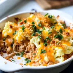 - 1 medium head of cauliflower, cut into florets - 2 cups cooked chicken, shredded - 1/2 cup buffalo sauce (adjust for spice preference) - 1 cup cream cheese, softened - 1 cup shredded cheddar cheese, divided - 1/2 cup ranch dressing - 1 cup celery, diced - 1/2 cup green onions, sliced - Salt and pepper to taste - 1/4 cup breadcrumbs (optional for topping) - Fresh parsley for garnish When making this casserole, you can tweak the heat level. If you like it spicy, add more buffalo sauce. For a milder dish, reduce the sauce. You can also adjust the cheese amounts. If you love cheese, use more cheddar. If you want a lighter dish, use less cream cheese. For buffalo sauce, I recommend Frank's RedHot for a classic taste. If you want a creamier ranch, try Hidden Valley. When it comes to cheese, Tillamook cheddar is rich and flavorful. For a healthier twist, you can use Greek yogurt instead of cream cheese. {{ingredient_image_1}} Start by cutting the cauliflower into small florets. This helps them cook evenly. Next, boil water in a large pot. Add the cauliflower florets and let them boil for 5-7 minutes. You want them tender but not mushy. Drain the cauliflower and set it aside. This step is key for a nice texture. In a large bowl, mix the shredded chicken and buffalo sauce. You can adjust the buffalo sauce to make it spicier if you like heat. Then, add the softened cream cheese and half of the shredded cheddar cheese. Next, stir in the ranch dressing, diced celery, and sliced green onions. Mix everything until it is well combined. Finally, gently fold in the cooked cauliflower. Season with salt and pepper to taste. Preheat your oven to 350°F (175°C). Pour the chicken and cauliflower mixture into a greased baking dish. Sprinkle the remaining cheddar cheese on top. If you want a crunchy layer, add breadcrumbs. Bake for about 25-30 minutes. Look for a bubbly top that is golden brown. After baking, let it cool for a few minutes before serving. Enjoy your tasty casserole! To change the spice level, adjust the buffalo sauce. Use less sauce for milder flavors. You can also add honey or brown sugar for sweetness. This balances the heat well. For more spice, add extra buffalo sauce or hot sauce. A sprinkle of cayenne pepper can also kick it up. Remember to taste as you mix! Cheese makes this dish creamy and tasty. Use a mix of cream cheese and cheddar for the best flavor. Make sure the cream cheese is soft before mixing. This helps it blend well with the other ingredients. Add cheese on top just before baking. It will melt and create a nice crust. For extra flavor, try using smoked cheddar! Fresh ingredients provide the best taste. Use fresh cauliflower for a firm texture. If using frozen cauliflower, thaw and drain it first. Frozen chicken is also an option. Just ensure it's fully cooked. Fresh celery and green onions add crunch. However, frozen veggies can save time and still taste great. Choose what fits your needs! Pro Tips Adjust the Spice Level: Modify the amount of buffalo sauce to suit your heat preference. Start with less if you're unsure, and add more for extra kick! Perfectly Cooked Cauliflower: Ensure your cauliflower is tender but not mushy by boiling for just 5-7 minutes. It should hold its shape in the casserole. Mixing Ingredients: When folding in the cauliflower, do so gently to avoid breaking down the florets. This keeps the texture nice and chunky. Golden Brown Topping: For an extra crispy topping, broil the casserole for the last 2-3 minutes of baking, watching closely to prevent burning. {{image_2}} If you want a meatless meal, you can focus on the cauliflower. Just skip the chicken and add more veggies. You can use mushrooms, bell peppers, or zucchini to add flavor. Mix them with the buffalo sauce and cream cheese. The cauliflower will still give you that creamy texture. This option tastes great and is perfect for vegetarians. Not a fan of buffalo sauce? No problem! You can use BBQ sauce for a sweet twist. Sriracha gives a spicy kick, while ranch dressing makes it creamy and tangy. Each sauce changes the flavor, so feel free to experiment. The key is to find what you love best. For a low-carb dish, skip the breadcrumbs. You can use crushed pork rinds instead. They add crunch without the carbs. Use more cheese to keep it rich and tasty. If you prefer a traditional version, stick to the recipe as it is. It’s all about your taste and diet goals. To keep your Buffalo Chicken Cauliflower Casserole fresh, let it cool first. Then, place it in an airtight container. The casserole will stay good in the fridge for up to four days. Make sure to seal it well to avoid drying out. If you want to save it for later, freezing works well. Cut the casserole into portions after it cools. Wrap each piece tightly in plastic wrap, then place in a freezer bag. This way, you can enjoy it for up to three months. Label the bags with the date for easy tracking. When you are ready to eat your casserole, take out a piece from the freezer. Let it thaw overnight in the fridge. For reheating, set your oven to 350°F (175°C). Place the casserole in an oven-safe dish, cover it with foil to keep it moist, and bake for about 20-25 minutes. You can also use the microwave for quick heating, but the oven gives a better texture. Enjoy your tasty meal! Yes, you can use store-bought rotisserie chicken. It saves time. Just shred the chicken before adding it to the mix. This will make your life easier, especially on busy days. The flavor will still shine through with the buffalo sauce and cheeses. You can serve this casserole with a simple salad. A fresh green salad or coleslaw adds a nice crunch. You could also pair it with some garlic bread for a comforting meal. If you like, add some carrot sticks or celery on the side for extra crunch and a dip. To make this dish dairy-free, swap the cream cheese and cheese for non-dairy options. Look for dairy-free cream cheese and shredded cheese. Use a dairy-free ranch dressing too. This way, you keep the creamy texture and flavor without the dairy. This blog explored how to make a tasty Buffalo Chicken Cauliflower Casserole. We covered the key ingredients, step-by-step instructions, and helpful tips. You learned about variations like vegetarian options and how to store leftovers. In closing, this dish offers great flavor and flexibility. Try it out and enjoy your cooking adventure! You’ll impress friends and family with this delicious meal.