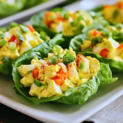 To make avocado egg salad lettuce wraps, gather these simple ingredients: - 4 large eggs - 1 ripe avocado, peeled and pitted - 2 tablespoons plain Greek yogurt - 1 teaspoon Dijon mustard - 1 tablespoon lemon juice - 1/4 teaspoon garlic powder - Salt and pepper to taste - 1/4 cup red bell pepper, finely chopped - 1/4 cup green onions, sliced - 1 cup crisp lettuce leaves (like romaine or butter lettuce) This recipe serves four people and is quite nutritious. Each serving has about: - Calories: 210 - Protein: 9g - Carbohydrates: 9g - Fat: 15g - Fiber: 4g This dish offers a good balance of healthy fats and protein. The avocado adds fiber, while the eggs provide essential nutrients. You can easily swap some ingredients if needed: - Use avocado oil instead of Greek yogurt for a dairy-free option. - Replace red bell pepper with diced cucumbers for a crunchy bite. - Green onions can be swapped with chives for a milder flavor. - Any leafy green can work in place of romaine or butter lettuce. These substitutes keep the recipe flexible and fun! {{ingredient_image_1}} To start, place four large eggs in a medium pot. Cover them with cold water. Bring the water to a boil over high heat. Once boiling, reduce the heat to low and let them simmer for 9 to 12 minutes. I prefer 10 minutes for a perfect hard-boiled egg. After that, transfer the eggs to an ice bath. This cools them down quickly and makes peeling easier. While the eggs cool, grab a mixing bowl. Peel and pit one ripe avocado. Use a fork to mash the avocado until it’s creamy. Then, peel the cooled eggs and chop them into small pieces. Add the chopped eggs to the bowl with the mashed avocado. Mix in two tablespoons of plain Greek yogurt, one teaspoon of Dijon mustard, one tablespoon of lemon juice, and 1/4 teaspoon of garlic powder. Stir everything together until it’s well combined. Season the mixture with salt and pepper to taste. Finally, fold in 1/4 cup of finely chopped red bell pepper and 1/4 cup of sliced green onions. This adds a nice crunch and flavor. Now it’s time to assemble your lettuce wraps. Take one cup of crisp lettuce leaves, like romaine or butter lettuce. Scoop a generous portion of your avocado egg salad mixture into the center of each leaf. Wrap it up like a taco. Enjoy these fresh and healthy wraps right away. For a pretty presentation, arrange them on a platter and sprinkle some paprika or add extra slices of bell pepper. To get the best texture for your egg salad, mash the avocado well. You want it creamy but not too smooth. When you chop the eggs, make them small but not mushy. This will give your salad a nice mix of textures. Mixing in Greek yogurt helps keep it light and fluffy. You can also add a bit more lemon juice if you like a tangier taste. If you have leftover salad, store it in an airtight container. It will keep in the fridge for about 2 days. The key is to add a little lemon juice to help it stay fresh. Avoid adding the lettuce until you are ready to eat. This way, it stays crisp and crunchy. These wraps are great for lunch or a light dinner. You can serve them with fresh veggies on the side. Try pairing them with carrot sticks or cherry tomatoes for a colorful plate. For a fun twist, add some sliced avocado or a sprinkle of paprika on top. This makes your dish not just tasty but also pretty! Pro Tips Freshness is Key: Use the freshest eggs possible for the best flavor and texture in your egg salad. Avocado Choice: Choose a ripe avocado that yields slightly when pressed to ensure creaminess in your salad. Customize to Taste: Feel free to add other ingredients like chopped herbs or spices to personalize your salad. Perfect Lettuce Wraps: Select sturdy lettuce leaves to hold the filling without tearing, making for easy handling. {{image_2}} You can boost the nutrition of your avocado egg salad by adding more veggies. Try adding diced cucumbers for a fresh crunch. Shredded carrots also add color and sweetness. For a spicy kick, consider adding chopped jalapeños. Feel free to mix in any veggies you love. This keeps the salad interesting and healthy. If you want to try different proteins, you have options. You can swap out eggs for canned tuna or shredded chicken for a new taste. For a vegetarian twist, use chickpeas or black beans instead. Both options provide protein and fiber, making your wraps filling and hearty. To make your avocado egg salad even tastier, think about adding herbs and spices. Fresh dill or cilantro can give a bright flavor. If you like it spicy, toss in some hot sauce or red pepper flakes. A dash of smoked paprika adds a wonderful depth too. Experiment and find your favorite flavor combo! To store your avocado egg salad lettuce wraps, place them in an airtight container. This keeps them fresh. Make sure to separate the wraps if you can. If you mix them, the lettuce may get soggy. Store them in the fridge for up to two days. For best results, keep the avocado egg salad separate from the lettuce. You can store the salad in one container and the lettuce in another. This method helps maintain crispness. Add a little lemon juice to the salad to slow browning. Use fresh ingredients for the best flavor and texture. Reheat the avocado egg salad only if you must. It is best cold or at room temperature. If you want to warm it, do so gently in a microwave. Heat in short bursts to avoid cooking the eggs further. However, I recommend enjoying it fresh. No, I do not recommend using canned eggs. Canned eggs lack the fresh taste of boiled eggs. The texture also differs greatly. Freshly boiled eggs create the best flavor and consistency for avocado egg salad. Always opt for fresh eggs for the best results. Romaine and butter lettuce are great choices for this dish. They are both crisp and sturdy. Romaine gives a nice crunch, while butter lettuce adds a soft touch. You can use any leafy green, but these are my favorites for wraps. Avocado egg salad lasts about two days in the fridge. After that, the avocado may turn brown. To keep it fresh, store it in an airtight container. Adding a little lemon juice helps slow down browning. Always check for freshness before eating! This blog post gave you clear steps to make tasty avocado egg salad wraps. We looked at the ingredients, cooking steps, and how to store leftovers. You also learned cool variations and tips to perfect the dish. Now, you can impress your friends and family with this easy recipe. Enjoy your healthy snack, try different flavors, and have fun making it your own!