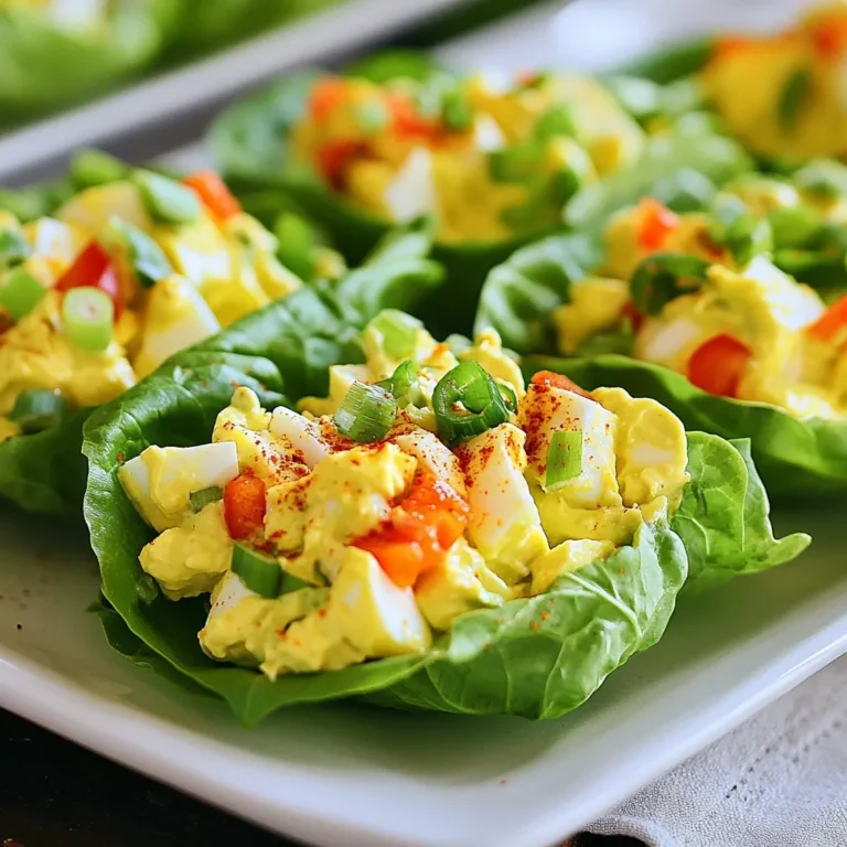 To make avocado egg salad lettuce wraps, gather these simple ingredients: - 4 large eggs - 1 ripe avocado, peeled and pitted - 2 tablespoons plain Greek yogurt - 1 teaspoon Dijon mustard - 1 tablespoon lemon juice - 1/4 teaspoon garlic powder - Salt and pepper to taste - 1/4 cup red bell pepper, finely chopped - 1/4 cup green onions, sliced - 1 cup crisp lettuce leaves (like romaine or butter lettuce) This recipe serves four people and is quite nutritious. Each serving has about: - Calories: 210 - Protein: 9g - Carbohydrates: 9g - Fat: 15g - Fiber: 4g This dish offers a good balance of healthy fats and protein. The avocado adds fiber, while the eggs provide essential nutrients. You can easily swap some ingredients if needed: - Use avocado oil instead of Greek yogurt for a dairy-free option. - Replace red bell pepper with diced cucumbers for a crunchy bite. - Green onions can be swapped with chives for a milder flavor. - Any leafy green can work in place of romaine or butter lettuce. These substitutes keep the recipe flexible and fun! {{ingredient_image_1}} To start, place four large eggs in a medium pot. Cover them with cold water. Bring the water to a boil over high heat. Once boiling, reduce the heat to low and let them simmer for 9 to 12 minutes. I prefer 10 minutes for a perfect hard-boiled egg. After that, transfer the eggs to an ice bath. This cools them down quickly and makes peeling easier. While the eggs cool, grab a mixing bowl. Peel and pit one ripe avocado. Use a fork to mash the avocado until it’s creamy. Then, peel the cooled eggs and chop them into small pieces. Add the chopped eggs to the bowl with the mashed avocado. Mix in two tablespoons of plain Greek yogurt, one teaspoon of Dijon mustard, one tablespoon of lemon juice, and 1/4 teaspoon of garlic powder. Stir everything together until it’s well combined. Season the mixture with salt and pepper to taste. Finally, fold in 1/4 cup of finely chopped red bell pepper and 1/4 cup of sliced green onions. This adds a nice crunch and flavor. Now it’s time to assemble your lettuce wraps. Take one cup of crisp lettuce leaves, like romaine or butter lettuce. Scoop a generous portion of your avocado egg salad mixture into the center of each leaf. Wrap it up like a taco. Enjoy these fresh and healthy wraps right away. For a pretty presentation, arrange them on a platter and sprinkle some paprika or add extra slices of bell pepper. To get the best texture for your egg salad, mash the avocado well. You want it creamy but not too smooth. When you chop the eggs, make them small but not mushy. This will give your salad a nice mix of textures. Mixing in Greek yogurt helps keep it light and fluffy. You can also add a bit more lemon juice if you like a tangier taste. If you have leftover salad, store it in an airtight container. It will keep in the fridge for about 2 days. The key is to add a little lemon juice to help it stay fresh. Avoid adding the lettuce until you are ready to eat. This way, it stays crisp and crunchy. These wraps are great for lunch or a light dinner. You can serve them with fresh veggies on the side. Try pairing them with carrot sticks or cherry tomatoes for a colorful plate. For a fun twist, add some sliced avocado or a sprinkle of paprika on top. This makes your dish not just tasty but also pretty! Pro Tips Freshness is Key: Use the freshest eggs possible for the best flavor and texture in your egg salad. Avocado Choice: Choose a ripe avocado that yields slightly when pressed to ensure creaminess in your salad. Customize to Taste: Feel free to add other ingredients like chopped herbs or spices to personalize your salad. Perfect Lettuce Wraps: Select sturdy lettuce leaves to hold the filling without tearing, making for easy handling. {{image_2}} You can boost the nutrition of your avocado egg salad by adding more veggies. Try adding diced cucumbers for a fresh crunch. Shredded carrots also add color and sweetness. For a spicy kick, consider adding chopped jalapeños. Feel free to mix in any veggies you love. This keeps the salad interesting and healthy. If you want to try different proteins, you have options. You can swap out eggs for canned tuna or shredded chicken for a new taste. For a vegetarian twist, use chickpeas or black beans instead. Both options provide protein and fiber, making your wraps filling and hearty. To make your avocado egg salad even tastier, think about adding herbs and spices. Fresh dill or cilantro can give a bright flavor. If you like it spicy, toss in some hot sauce or red pepper flakes. A dash of smoked paprika adds a wonderful depth too. Experiment and find your favorite flavor combo! To store your avocado egg salad lettuce wraps, place them in an airtight container. This keeps them fresh. Make sure to separate the wraps if you can. If you mix them, the lettuce may get soggy. Store them in the fridge for up to two days. For best results, keep the avocado egg salad separate from the lettuce. You can store the salad in one container and the lettuce in another. This method helps maintain crispness. Add a little lemon juice to the salad to slow browning. Use fresh ingredients for the best flavor and texture. Reheat the avocado egg salad only if you must. It is best cold or at room temperature. If you want to warm it, do so gently in a microwave. Heat in short bursts to avoid cooking the eggs further. However, I recommend enjoying it fresh. No, I do not recommend using canned eggs. Canned eggs lack the fresh taste of boiled eggs. The texture also differs greatly. Freshly boiled eggs create the best flavor and consistency for avocado egg salad. Always opt for fresh eggs for the best results. Romaine and butter lettuce are great choices for this dish. They are both crisp and sturdy. Romaine gives a nice crunch, while butter lettuce adds a soft touch. You can use any leafy green, but these are my favorites for wraps. Avocado egg salad lasts about two days in the fridge. After that, the avocado may turn brown. To keep it fresh, store it in an airtight container. Adding a little lemon juice helps slow down browning. Always check for freshness before eating! This blog post gave you clear steps to make tasty avocado egg salad wraps. We looked at the ingredients, cooking steps, and how to store leftovers. You also learned cool variations and tips to perfect the dish. Now, you can impress your friends and family with this easy recipe. Enjoy your healthy snack, try different flavors, and have fun making it your own!