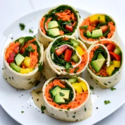 - Whole wheat tortillas - Hummus and cream cheese - Fresh vegetables - Seasonings and herbs To create Rainbow Veggie Pinwheel Wraps, you need some simple ingredients. You start with whole wheat tortillas. These wraps give a nice, soft base. Next, choose your favorite hummus. You can use creamy or chunky varieties. If you want extra richness, add cream cheese. Now, let&rsquo;s talk about fresh vegetables. Use spinach for a nice pop of green. Bell peppers add bright colors and crunch. You can use red, yellow, or orange peppers. Grated carrots give sweetness and color. Cucumbers add a refreshing crunch. Finally, slice up an avocado for creaminess. Don&rsquo;t forget seasonings! A sprinkle of salt and pepper adds flavor. Fresh herbs like basil or cilantro are great for garnish. They make your wraps look pretty and taste fresh. Gather these ingredients, and you are ready to make a fun, colorful snack! {{ingredient_image_1}} 1. Start with your clean surface. Lay out the whole wheat tortillas flat. 2. Take your hummus and spread it evenly on each tortilla. Leave a half-inch space at the edge. 3. If you want extra creaminess, add cream cheese on top of the hummus. 4. Next, layer your veggies. Start with a handful of spinach leaves. 5. Then, add thin slices of bell peppers in various colors. 6. Follow with grated carrots and cucumber slices. Finally, add slices of avocado. 7. Lightly sprinkle salt and pepper over the veggies for added flavor. 1. Roll each tortilla tightly from one end to the other. Keep the filling inside as you roll. 2. After rolling, grab a sharp knife. Cut each roll into 1-inch thick slices. 3. This size makes it easy for serving and fun to eat. 1. Take a large platter and arrange the pinwheel slices neatly. 2. For a pop of color, garnish with fresh herbs like basil or cilantro. 3. These wraps look great and taste even better when served fresh. You can mix and match veggies in your pinwheels. Try using: - Zucchini, thinly sliced - Radishes, for a crunch - Broccoli, finely chopped - Kale or swiss chard for more greens For spreads, you have many choices. Use: - Avocado spread for creaminess - Tzatziki for a cool taste - Nut butter for a sweet twist To make these wraps fun for kids, let them choose their fillings. You can use: - Sliced strawberries or apples for sweetness - Cheese slices for added flavor - Fun shapes with cookie cutters Serve the pinwheels as a colorful snack. Kids love vibrant foods, so add a rainbow of veggies. Dips can make your pinwheels even better. Here are some tasty options: - Ranch dressing for a classic taste - Salsa for a zesty kick - Guacamole for extra creaminess These dips will add flavor and fun to your meal. Enjoy exploring different tastes! Pro Tips Use Fresh Ingredients: Always opt for fresh vegetables to enhance the flavor and crunch of your pinwheels. Experiment with Flavors: Try different hummus flavors or add spices to the cream cheese for a unique twist. Roll Tightly: Ensure you roll the tortillas tightly to prevent the filling from spilling out when slicing. Chill Before Serving: Refrigerate the pinwheels for about 30 minutes before slicing for cleaner cuts and a firmer texture. {{image_2}} You can easily make these pinwheel wraps vegan. Simply skip the cream cheese. Use a thick layer of hummus instead. It adds great flavor and creaminess. You can also try a nut-based cheese. This will give a nice twist to your wraps. Feel free to add more veggies like sliced radishes or sprouts. They bring a fresh crunch that everyone will love. Want to make your wraps more filling? Try adding grilled chicken or tofu. Cook the chicken until golden and slice it thin. If you use tofu, press it to remove water and marinate it. Then, grill or bake it until crispy. Add these proteins on top of the veggies. This makes the wraps heartier and perfect for a meal. You can also use turkey or ham for a different flavor. Using seasonal veggies makes these wraps even better. In summer, add juicy tomatoes or zucchini. In fall, consider roasted sweet potatoes or kale. Winter can bring butternut squash or Brussels sprouts. Each season offers new tastes and colors. This keeps your pinwheels exciting all year round. Mix and match your favorite vegetables for endless combinations. To keep your rainbow veggie pinwheel wraps fresh, use airtight containers. Place them in the fridge right after you make them. This helps to lock in flavor and keep the veggies crisp. If you need to stack them, layer parchment paper between each wrap. This will stop them from sticking together. You can freeze pinwheel wraps for later use. First, wrap each pinwheel in plastic wrap tightly. Then, place them in a freezer-safe bag. Remove as much air as possible to prevent freezer burn. They can last up to three months in the freezer. When you&rsquo;re ready to eat, let them thaw in the fridge overnight. When reheating, the best method is to use a microwave. Place the wraps on a plate and cover with a damp paper towel. Heat them for about 15 to 30 seconds. This helps keep them moist. If you want a crisp texture, use a skillet on low heat. Just warm them for a few minutes. Enjoy your colorful snack anytime! Rainbow veggie pinwheel wraps can last about 3 to 5 days in the fridge. Store them in an airtight container. This keeps them fresh and tasty. After this time, they may lose their crunch and flavor. Yes, you can make these wraps ahead of time. Prepare them the night before or the morning of your event. Just wrap them tightly in plastic wrap or foil. This helps keep them from drying out. You can slice them right before serving for a fresh look. If you want to try something different, many spreads work well. You can use avocado spread for a creamier taste. Cream cheese adds rich flavor too. Greek yogurt can also be a healthy option. Each choice adds its own twist to the wraps. These rainbow veggie pinwheels are fun and tasty! We covered the key ingredients and steps to make them. You learned how to customize fillings and serve them. Remember to store them well and try freezing for later. These wraps can fit any diet and are perfect for any time. Enjoy experimenting with your own twists! Make it a family favorite. Your kitchen just got more colorful and creative!