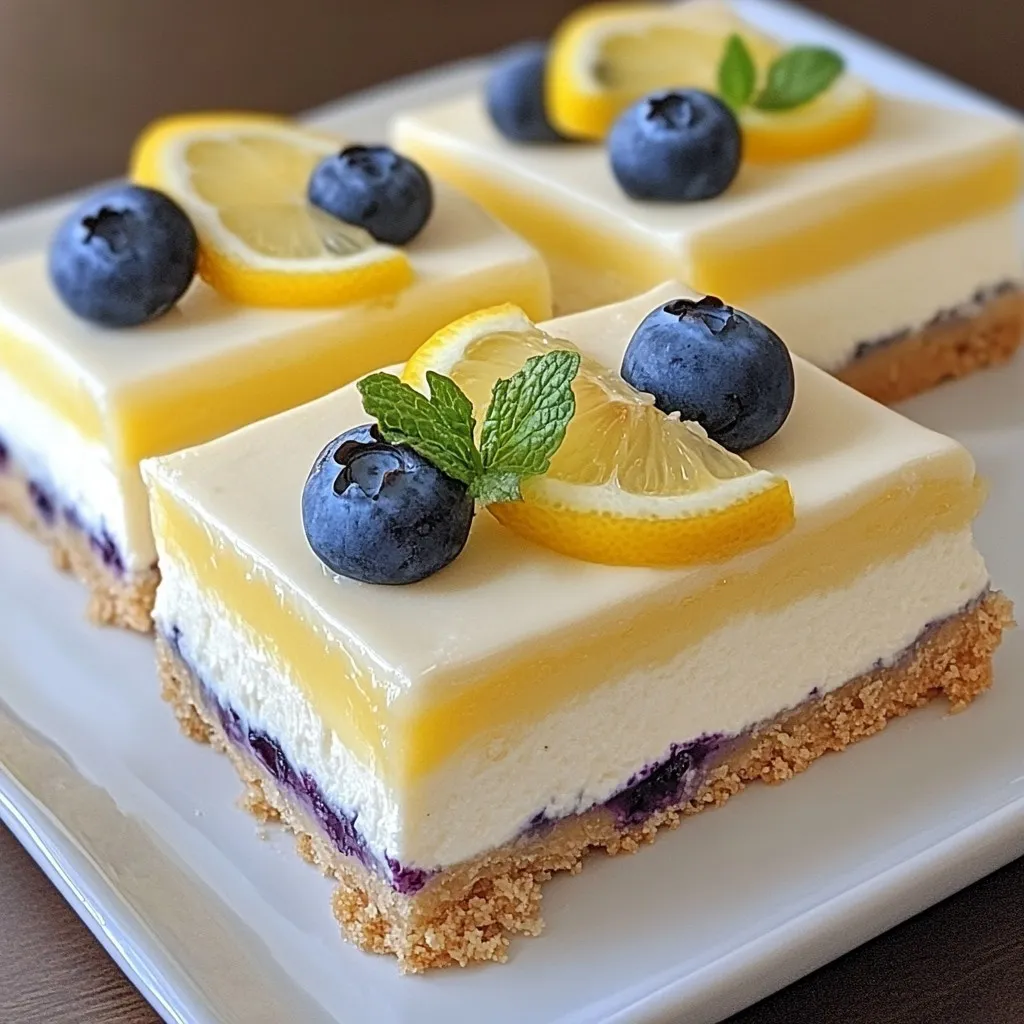 To make these lemon blueberry cheesecake bars, gather these items: - 1 ½ cups graham cracker crumbs - ½ cup unsalted butter, melted - ¼ cup granulated sugar - 16 oz cream cheese, softened - 1 cup granulated sugar - 2 large eggs - 2 tablespoons lemon juice - Zest of 1 lemon - 1 teaspoon vanilla extract - 1 cup fresh blueberries - 2 tablespoons cornstarch Each ingredient plays a key role. The graham cracker crumbs create a tasty crust. The cream cheese gives a rich and creamy filling. Fresh blueberries add flavor and color. For a lovely finish, consider these garnishes: - Additional fresh blueberries - Lemon slices - Whipped cream - Mint leaves These toppings make the bars pop visually. They also add extra flavor and freshness. You can swap out some ingredients if needed: - Use gluten-free graham crackers for a gluten-free crust. - Substitute dairy-free cream cheese for a vegan option. - Use frozen blueberries if fresh ones are not available. These swaps keep the recipe flexible while still tasting great. Adjust to fit your preferences or dietary needs! {{ingredient_image_1}} First, gather your ingredients. You need graham cracker crumbs, butter, sugar, cream cheese, eggs, lemon juice, lemon zest, vanilla, blueberries, and cornstarch. This recipe is simple and fun. It takes about 20 minutes to prep and 5 hours to complete. 1. Preheat your oven to 350°F (175°C). Line an 8x8-inch baking pan with parchment paper. Leave some paper hanging over the edges to lift the bars out later. 2. In a medium bowl, mix 1 ½ cups of graham cracker crumbs, ½ cup of melted butter, and ¼ cup of sugar. Stir until it looks like wet sand. 3. Press this mixture into the bottom of the pan. Make it even and firm. This will be your crust. 4. In a large bowl, beat 16 oz of softened cream cheese until it is smooth. Gradually add 1 cup of sugar while mixing. Make sure it is creamy and well blended. 5. Add 2 large eggs one at a time. Mix well after each egg. Then, add 2 tablespoons of lemon juice, the zest of 1 lemon, and 1 teaspoon of vanilla extract. 6. Gently fold in 1 cup of fresh blueberries and 2 tablespoons of cornstarch. This helps keep the blueberries from sinking. 7. Pour the cheesecake mix over the crust. Spread it evenly with a spatula. 8. Bake in the oven for 30-35 minutes. The center should be set but still jiggle a bit. 1. Remove the pan from the oven. Let it cool at room temperature for about 1 hour. 2. Next, pop it in the fridge for at least 4 hours. If you can, chill it overnight. This makes the bars firmer and tastier. 3. After chilling, lift the cheesecake out of the pan using the parchment paper. Cut into bars and serve. Enjoy your sweet treat! To get the best crust for your cheesecake bars, use fresh graham cracker crumbs. You can crush them yourself for a finer texture. Mix the crumbs with melted butter and sugar. Press it down firmly in the pan. This helps keep the crust solid during baking. Make sure to cover the bottom evenly. A good crust gives a strong base for the creamy filling. One common mistake is overmixing the cream cheese. Mix just until smooth. If you beat it too much, the bars may crack as they cool. Another mistake is not folding in the blueberries gently. If you stir too hard, they can break and turn the batter blue. Make sure your oven is preheated well. This helps the bars bake evenly and set correctly. Once your cheesecake bars are chilled, lift them out using the parchment paper. Place them on a cutting board. Use a sharp knife for clean cuts. Wipe the knife with a damp cloth after each cut for neat edges. Serve the bars on a nice platter. Add fresh blueberries and lemon slices for a pop of color. This makes your dessert look as good as it tastes! Pro Tips Chill for Perfection: Allow the cheesecake bars to chill overnight for the best texture and flavor development. Blueberry Freshness: Use fresh blueberries for a burst of flavor; if using frozen, do not thaw them before folding into the batter. Prevent Cracks: Bake the cheesecake in a water bath to help maintain moisture and prevent cracks during baking. Easy Cutting: Use a sharp knife dipped in hot water to cut the bars for clean, professional-looking edges. {{image_2}} You can switch the blueberries for other fruits. Strawberries and raspberries work well. Just chop them up and add them to the batter. The tartness of these fruits adds a fresh twist. You can also use mixed berries for a fun flavor burst. Each fruit brings its own taste, so get creative! If you need a gluten-free dessert, use gluten-free graham crackers. You can find these in stores or make your own. For the filling, check that your cream cheese and sugar are gluten-free too. This way, everyone can enjoy these tasty cheesecake bars without worry. Mini cheesecake bars are a fun idea! Use a mini muffin tin for smaller treats. Just adjust the baking time. Check them after 15-20 minutes. They should look set but still a bit jiggly. This makes them easy to share and perfect for parties. You can even top them with whipped cream and a berry for extra flair! To keep your lemon blueberry cheesecake bars fresh, store them properly. First, make sure they are fully chilled before you store them. Use an airtight container to prevent them from drying out. If you plan to stack the bars, place parchment paper between layers. This keeps them from sticking together. In the fridge, these cheesecake bars last about 5 days. If you want to save them longer, freeze them. When frozen, they can last up to 3 months. Just remember to wrap them well in plastic wrap before placing them in a freezer-safe container. If you stored them in the fridge, you can serve them cold. If you prefer them warm, reheat them gently in the oven at a low temperature. Just keep an eye on them to avoid overheating. You can also add a fresh touch by garnishing with more blueberries or a sprinkle of lemon zest before serving. Yes, you can make these cheesecake bars ahead of time. They taste even better after chilling. I recommend making them a day before your event. Just cover them well and store them in the fridge. This way, the flavors have time to blend. To freeze cheesecake bars, first cut them into squares. Wrap each piece tightly in plastic wrap. Then, place them in a freezer bag or container. Make sure to remove as much air as possible. They can last in the freezer for up to three months. When you're ready to eat, just thaw them in the fridge overnight. You can tell when cheesecake bars are done baking by checking the center. It should be set but slightly jiggly. The edges will look firm. If the center wobbles too much, give it a few more minutes. Keep an eye on the top; it should not brown. Once done, let them cool before chilling. In this post, we covered all you need to know about cheesecake bars. We listed key ingredients and possible swaps. You learned step-by-step how to prepare, bake, and chill these treats. We shared tips for a perfect crust and common mistakes to avoid. You explored tasty flavor variations and proper storage methods. Cheesecake bars are easy to make and enjoy. With these tips, you can create the best cheesecake bars at home. Get baking and enjoy your delicious results!
