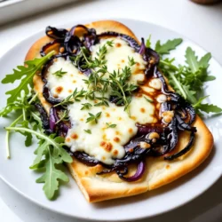 To make a Caramelized Onion Gruyère Flatbread, gather these simple items: - Flatbread or naan (store-bought or homemade) - 2 large onions, thinly sliced - 2 tablespoons olive oil - 1 tablespoon balsamic vinegar - 1 cup Gruyère cheese, shredded - 1 teaspoon fresh thyme leaves (optional) - Salt and black pepper, to taste - Optional toppings: arugula or fresh herbs for garnish Each ingredient plays a key role. The flatbread provides a sturdy base, while the onions bring sweetness. Olive oil helps with cooking, and balsamic vinegar adds depth. Gruyère cheese melts beautifully, giving a rich flavor. Thyme enhances the dish, but it's not a must. Salt and pepper balance everything out. Optional toppings like arugula can add freshness. With these ingredients, you can create a snack that impresses anyone! {{ingredient_image_1}} 1. Heating the olive oil: Start by pouring two tablespoons of olive oil into a large skillet. Turn the heat to medium. This oil helps to soften the onions and adds flavor. 2. Cooking time and signs of doneness: Add two large, thinly sliced onions and a pinch of salt. Stir the onions often for about 15-20 minutes. You want them to turn soft and golden brown. If they cook too fast, lower the heat to medium-low. 3. Adding balsamic vinegar and thyme: When your onions reach that rich, golden color, pour in one tablespoon of balsamic vinegar. You can also add a teaspoon of fresh thyme leaves if you like. Stir for another 2-3 minutes and let the vinegar reduce a bit. Then, remove the skillet from the heat and set the onions aside. 1. Preheating the oven: While the onions cool, preheat your oven to 400°F (200°C). This temperature helps the flatbread cook evenly. 2. Using store-bought vs. homemade: You can use store-bought flatbread or naan for ease. If you want to make your own, that works too! Just make sure it is ready to go when the onions are done. 1. Spreading the caramelized onions: Take your flatbread and spread the caramelized onions evenly over it. Make sure to cover it well with those sweet and savory onions. 2. Topping with Gruyère cheese: Next, grab one cup of shredded Gruyère cheese. Sprinkle it over the onions. Cover the onions completely with cheese for a gooey, cheesy delight. 3. Baking time and temperature guidance: Place the flatbread in your preheated oven. Bake for about 10-12 minutes. You want the cheese to melt and bubble, and the edges of the flatbread to turn golden brown. Now you have a delicious flatbread ready to enjoy! To get golden-brown onions, use medium heat. Start with two tablespoons of olive oil. Add your sliced onions and a pinch of salt. Stir them every few minutes. This helps them cook evenly. If they cook too fast, lower the heat. Aim for a soft, sweet flavor. This can take about 15-20 minutes. The key is patience; do not rush this step. While Gruyère cheese is tasty, you can try others. Mozzarella offers a milder taste. Goat cheese gives a tangy twist. Cheddar provides a sharp flavor. Mixing cheeses can create depth. Think about how flavors work together. Pair mozzarella with fresh basil for a nice touch. For side dishes, consider a fresh salad. A crisp green salad with lemon dressing works great. You can also serve with a light soup. As for drinks, try a fruity white wine. Sparkling water with lemon is refreshing too. These pairings will enhance your flatbread experience. Enjoy your delicious snack with friends or family! Pro Tips Choose the Right Onions: Use yellow or sweet onions for the best flavor when caramelizing. They become sweeter and more flavorful as they cook. Don’t Rush the Caramelization: Allow the onions to cook slowly over medium heat to develop their sweetness. Quick cooking can lead to burnt onions rather than caramelized ones. Experiment with Cheese: While Gruyère is delicious, consider mixing in other cheeses like Fontina or mozzarella for different flavors and textures. Add a Crunch: For added texture, sprinkle some toasted pine nuts or walnuts on top before serving. It adds a delightful crunch to each bite! {{image_2}} You can boost your flatbread with protein. Chicken works well. Thin slices of grilled chicken add a nice touch. Try prosciutto for a salty bite. For plant-based options, add chickpeas or lentils. These options keep it filling and satisfying. Get creative with your flatbread! Add arugula for a fresh crunch. You can also sprinkle some red pepper flakes for heat. Fresh herbs like basil or parsley brighten the dish. Garlic powder or smoked paprika can enhance the flavor too. Don’t be afraid to mix and match! Adapt this recipe for any season. In fall, add crispy apples for sweetness. In winter, top with roasted squash for warmth. For spring, include asparagus for a fresh taste. For summer, try fresh tomatoes for a juicy contrast. These changes keep it fun and exciting! To keep your flatbread fresh, wrap it well. Use plastic wrap or foil. Store it in the fridge. This helps keep the flavors intact. You can store it for up to four days. After that, the taste may change. Reheat your flatbread in the oven for the best results. Preheat the oven to 350°F (175°C). Place the flatbread on a baking sheet. Heat for about 10 minutes. This keeps the crust crispy and the cheese melty. You can also use a skillet. Heat it over low heat. This method keeps the flatbread soft but tasty. Enjoy it warm for the best flavor! Yes, you can! If you can’t find Gruyère, try these options: - Fontina: It has a creamy texture and nutty flavor. - Mozzarella: This cheese melts well but has a milder taste. - Cheddar: Use sharp cheddar for a bolder flavor. Each cheese will change the taste a bit. Fontina offers a rich creaminess, while mozzarella gives a gooey pull. Cheddar adds a sharp kick. Experiment and see what you like best! Caramelizing onions takes patience but is worth it. Here’s how to do it right: 1. Heat: Start by heating olive oil in your skillet over medium heat. 2. Add onions: Once hot, add the thinly sliced onions. 3. Salt: Sprinkle in a pinch of salt to help draw out the moisture. 4. Cook slowly: Stir occasionally for 15-20 minutes. Look for a soft, golden brown color. 5. Adjust heat: If they cook too fast, lower the heat. Adding balsamic vinegar at the end enhances the flavor and gives a nice glaze. This technique makes sweet, rich onions perfect for your flatbread! Yes, you can freeze the flatbread! Just follow these steps: 1. Cool completely: Let your baked flatbread cool down first. 2. Wrap well: Use plastic wrap or foil to wrap it tightly. This keeps out air. 3. Store: Place it in a freezer bag. Make sure to label it with the date. To reheat, just thaw it in the fridge overnight. Then, pop it in the oven at 350°F (175°C) for about 10 minutes. This keeps it crispy and tasty! This recipe for caramelized onion flatbread is simple and rewarding. You learned about key ingredients, cooking techniques, and delicious variations. Caramelizing onions is crucial for flavor. Using Gruyère cheese adds a rich touch. With the right tips, you can impress anyone. In the end, this flatbread is not just food—it's a fun project. Enjoy creating your version with toppings and flavors. Share this delight with others for a great meal. This can become your go-to recipe for gatherings or cozy nights. Happy cooking!