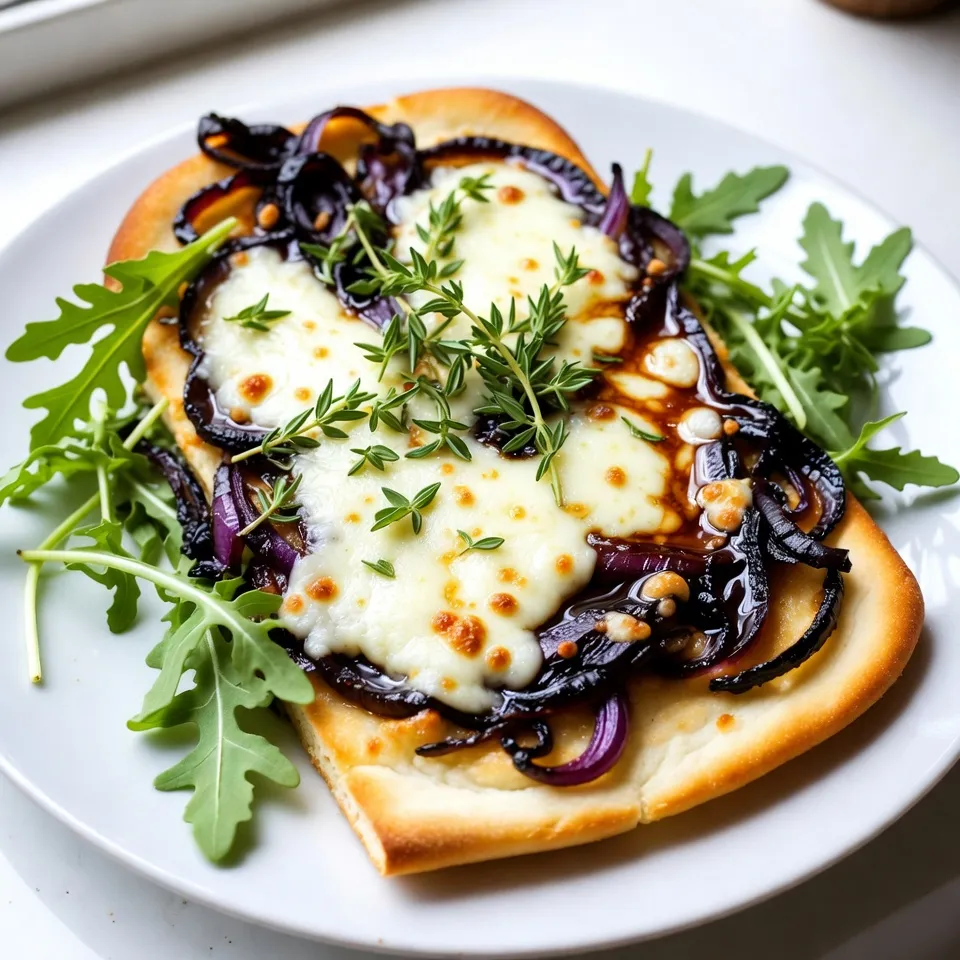 To make a Caramelized Onion Gruyère Flatbread, gather these simple items: - Flatbread or naan (store-bought or homemade) - 2 large onions, thinly sliced - 2 tablespoons olive oil - 1 tablespoon balsamic vinegar - 1 cup Gruyère cheese, shredded - 1 teaspoon fresh thyme leaves (optional) - Salt and black pepper, to taste - Optional toppings: arugula or fresh herbs for garnish Each ingredient plays a key role. The flatbread provides a sturdy base, while the onions bring sweetness. Olive oil helps with cooking, and balsamic vinegar adds depth. Gruyère cheese melts beautifully, giving a rich flavor. Thyme enhances the dish, but it's not a must. Salt and pepper balance everything out. Optional toppings like arugula can add freshness. With these ingredients, you can create a snack that impresses anyone! {{ingredient_image_1}} 1. Heating the olive oil: Start by pouring two tablespoons of olive oil into a large skillet. Turn the heat to medium. This oil helps to soften the onions and adds flavor. 2. Cooking time and signs of doneness: Add two large, thinly sliced onions and a pinch of salt. Stir the onions often for about 15-20 minutes. You want them to turn soft and golden brown. If they cook too fast, lower the heat to medium-low. 3. Adding balsamic vinegar and thyme: When your onions reach that rich, golden color, pour in one tablespoon of balsamic vinegar. You can also add a teaspoon of fresh thyme leaves if you like. Stir for another 2-3 minutes and let the vinegar reduce a bit. Then, remove the skillet from the heat and set the onions aside. 1. Preheating the oven: While the onions cool, preheat your oven to 400°F (200°C). This temperature helps the flatbread cook evenly. 2. Using store-bought vs. homemade: You can use store-bought flatbread or naan for ease. If you want to make your own, that works too! Just make sure it is ready to go when the onions are done. 1. Spreading the caramelized onions: Take your flatbread and spread the caramelized onions evenly over it. Make sure to cover it well with those sweet and savory onions. 2. Topping with Gruyère cheese: Next, grab one cup of shredded Gruyère cheese. Sprinkle it over the onions. Cover the onions completely with cheese for a gooey, cheesy delight. 3. Baking time and temperature guidance: Place the flatbread in your preheated oven. Bake for about 10-12 minutes. You want the cheese to melt and bubble, and the edges of the flatbread to turn golden brown. Now you have a delicious flatbread ready to enjoy! To get golden-brown onions, use medium heat. Start with two tablespoons of olive oil. Add your sliced onions and a pinch of salt. Stir them every few minutes. This helps them cook evenly. If they cook too fast, lower the heat. Aim for a soft, sweet flavor. This can take about 15-20 minutes. The key is patience; do not rush this step. While Gruyère cheese is tasty, you can try others. Mozzarella offers a milder taste. Goat cheese gives a tangy twist. Cheddar provides a sharp flavor. Mixing cheeses can create depth. Think about how flavors work together. Pair mozzarella with fresh basil for a nice touch. For side dishes, consider a fresh salad. A crisp green salad with lemon dressing works great. You can also serve with a light soup. As for drinks, try a fruity white wine. Sparkling water with lemon is refreshing too. These pairings will enhance your flatbread experience. Enjoy your delicious snack with friends or family! Pro Tips Choose the Right Onions: Use yellow or sweet onions for the best flavor when caramelizing. They become sweeter and more flavorful as they cook. Don’t Rush the Caramelization: Allow the onions to cook slowly over medium heat to develop their sweetness. Quick cooking can lead to burnt onions rather than caramelized ones. Experiment with Cheese: While Gruyère is delicious, consider mixing in other cheeses like Fontina or mozzarella for different flavors and textures. Add a Crunch: For added texture, sprinkle some toasted pine nuts or walnuts on top before serving. It adds a delightful crunch to each bite! {{image_2}} You can boost your flatbread with protein. Chicken works well. Thin slices of grilled chicken add a nice touch. Try prosciutto for a salty bite. For plant-based options, add chickpeas or lentils. These options keep it filling and satisfying. Get creative with your flatbread! Add arugula for a fresh crunch. You can also sprinkle some red pepper flakes for heat. Fresh herbs like basil or parsley brighten the dish. Garlic powder or smoked paprika can enhance the flavor too. Don’t be afraid to mix and match! Adapt this recipe for any season. In fall, add crispy apples for sweetness. In winter, top with roasted squash for warmth. For spring, include asparagus for a fresh taste. For summer, try fresh tomatoes for a juicy contrast. These changes keep it fun and exciting! To keep your flatbread fresh, wrap it well. Use plastic wrap or foil. Store it in the fridge. This helps keep the flavors intact. You can store it for up to four days. After that, the taste may change. Reheat your flatbread in the oven for the best results. Preheat the oven to 350°F (175°C). Place the flatbread on a baking sheet. Heat for about 10 minutes. This keeps the crust crispy and the cheese melty. You can also use a skillet. Heat it over low heat. This method keeps the flatbread soft but tasty. Enjoy it warm for the best flavor! Yes, you can! If you can’t find Gruyère, try these options: - Fontina: It has a creamy texture and nutty flavor. - Mozzarella: This cheese melts well but has a milder taste. - Cheddar: Use sharp cheddar for a bolder flavor. Each cheese will change the taste a bit. Fontina offers a rich creaminess, while mozzarella gives a gooey pull. Cheddar adds a sharp kick. Experiment and see what you like best! Caramelizing onions takes patience but is worth it. Here’s how to do it right: 1. Heat: Start by heating olive oil in your skillet over medium heat. 2. Add onions: Once hot, add the thinly sliced onions. 3. Salt: Sprinkle in a pinch of salt to help draw out the moisture. 4. Cook slowly: Stir occasionally for 15-20 minutes. Look for a soft, golden brown color. 5. Adjust heat: If they cook too fast, lower the heat. Adding balsamic vinegar at the end enhances the flavor and gives a nice glaze. This technique makes sweet, rich onions perfect for your flatbread! Yes, you can freeze the flatbread! Just follow these steps: 1. Cool completely: Let your baked flatbread cool down first. 2. Wrap well: Use plastic wrap or foil to wrap it tightly. This keeps out air. 3. Store: Place it in a freezer bag. Make sure to label it with the date. To reheat, just thaw it in the fridge overnight. Then, pop it in the oven at 350°F (175°C) for about 10 minutes. This keeps it crispy and tasty! This recipe for caramelized onion flatbread is simple and rewarding. You learned about key ingredients, cooking techniques, and delicious variations. Caramelizing onions is crucial for flavor. Using Gruyère cheese adds a rich touch. With the right tips, you can impress anyone. In the end, this flatbread is not just food—it's a fun project. Enjoy creating your version with toppings and flavors. Share this delight with others for a great meal. This can become your go-to recipe for gatherings or cozy nights. Happy cooking!
